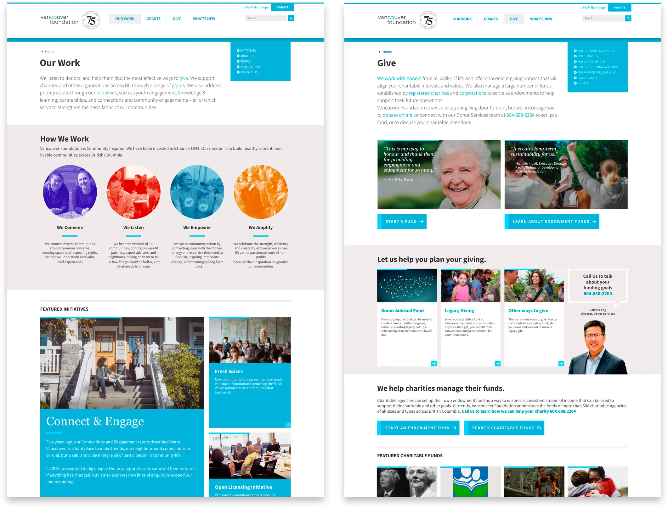 Two pages from the Vancouver Foundation website.
