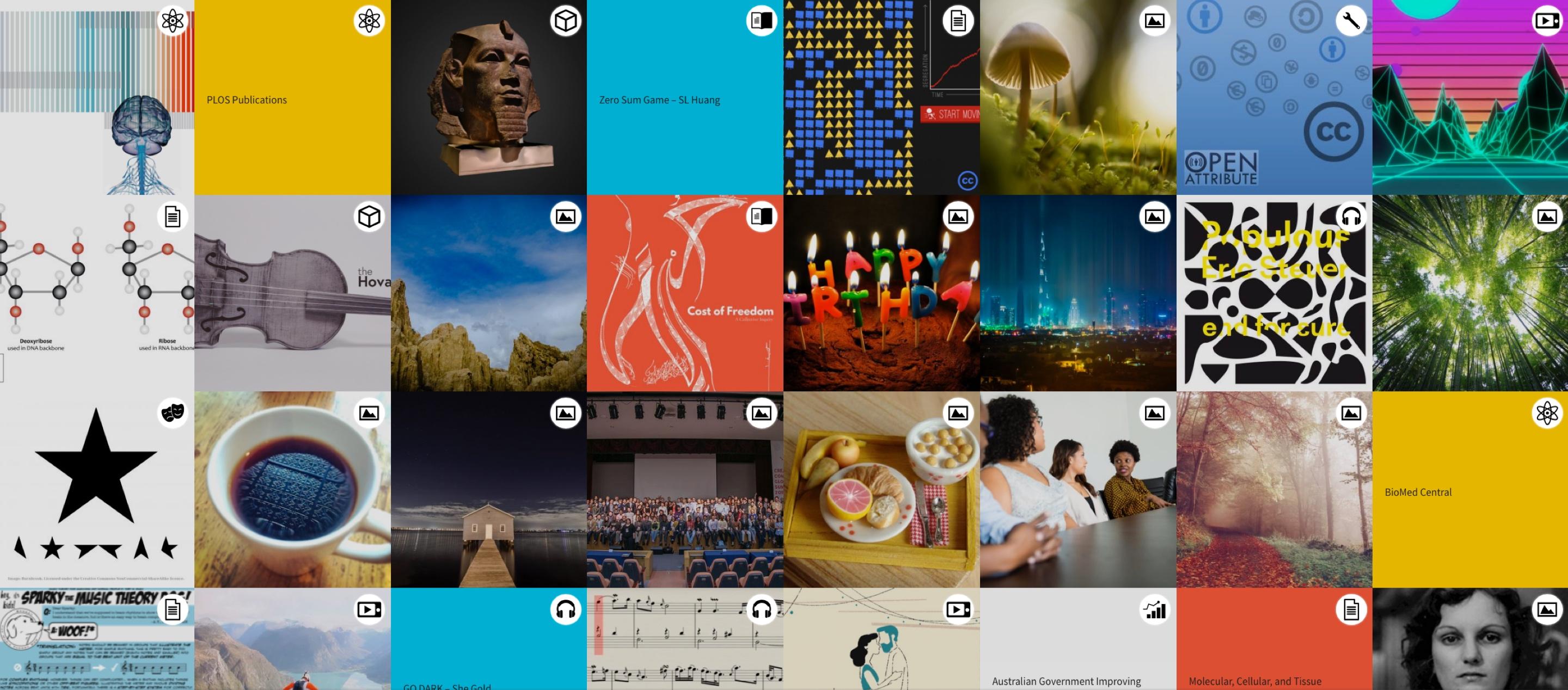 Collage of images that represent things shared with Creative Commons Licenses