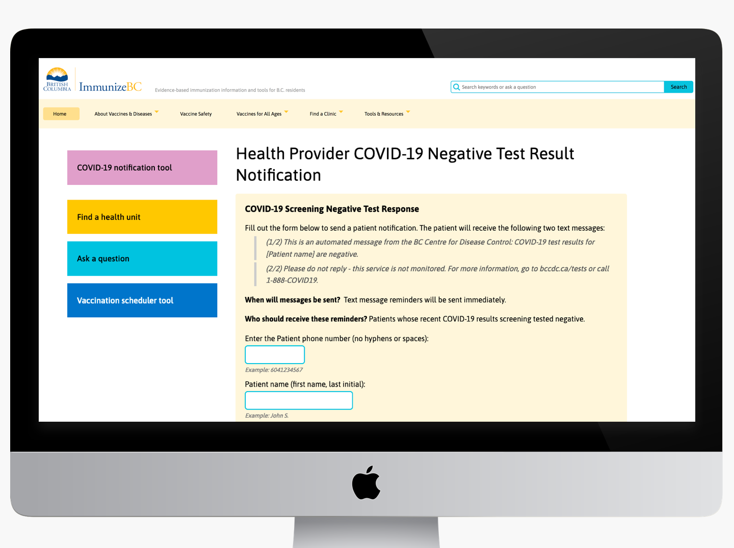 a screenshot image showing the tool that was built for health providers to send COVID19 Negative Test notification messages to patients 