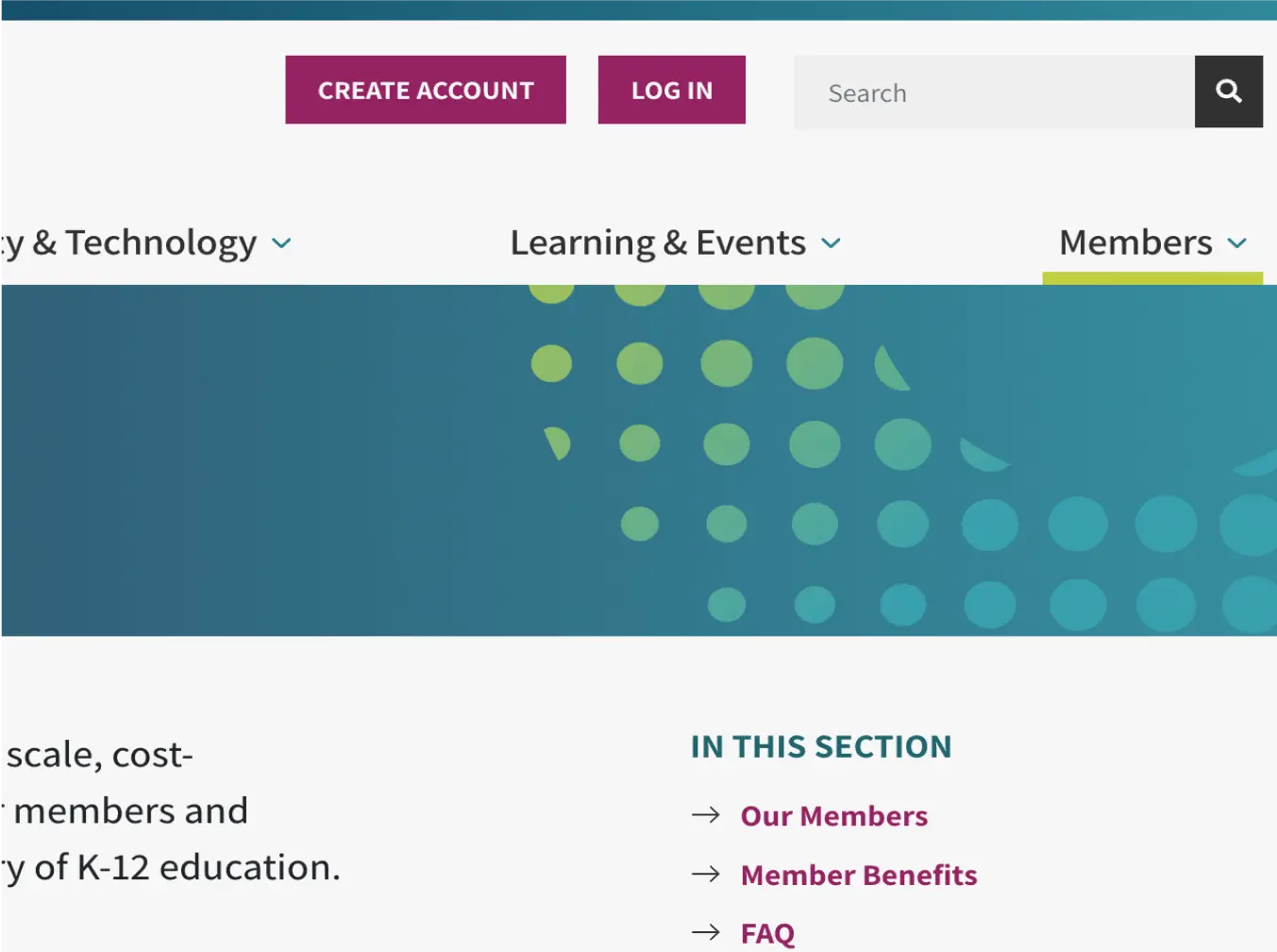 A close-up of the Focused Education header space showcases the menu, hover state, login buttons, and sub-navigation and anchor links design.