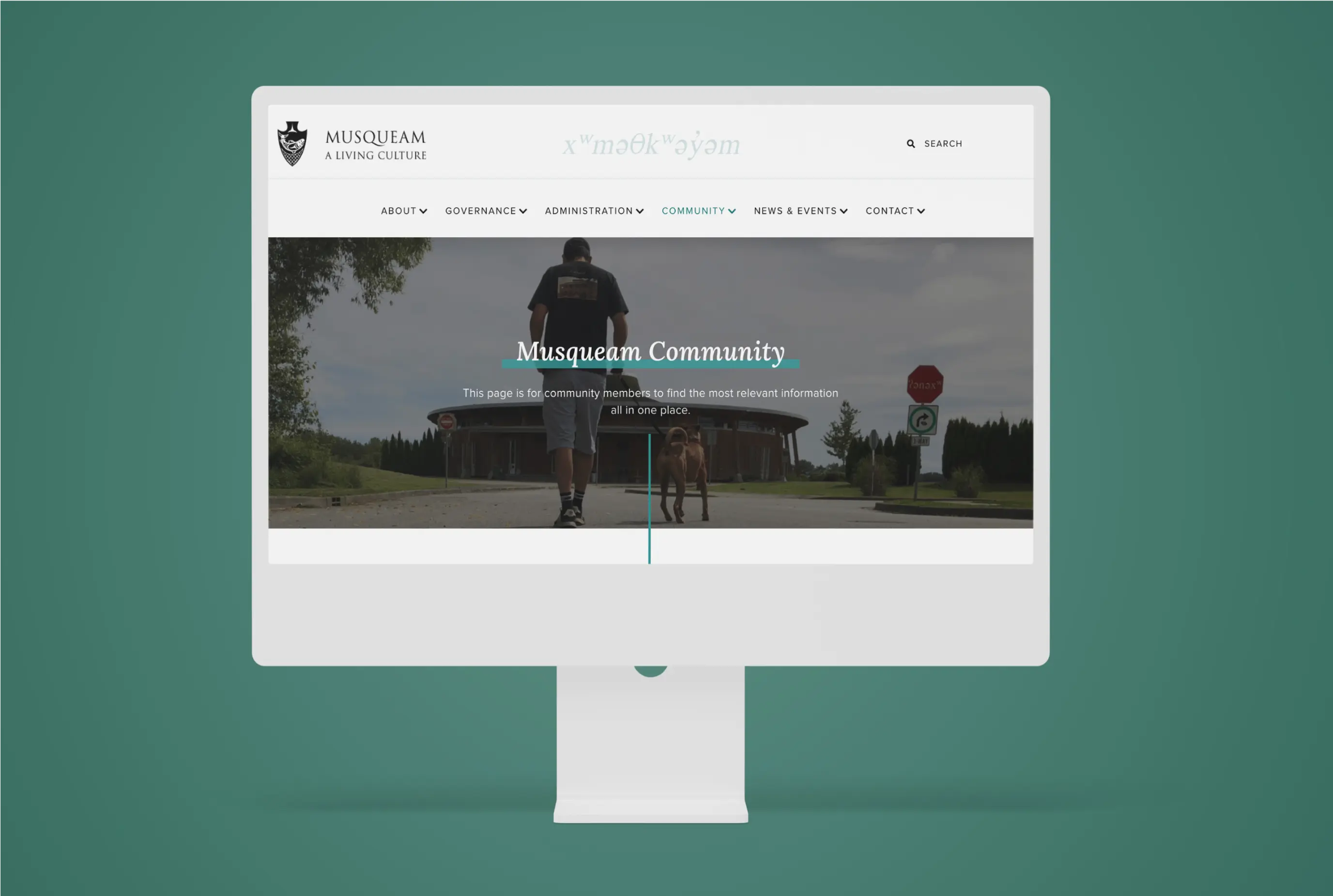 The Community landing page of the Musqueam A Living Culture website showcased in a desktop device.