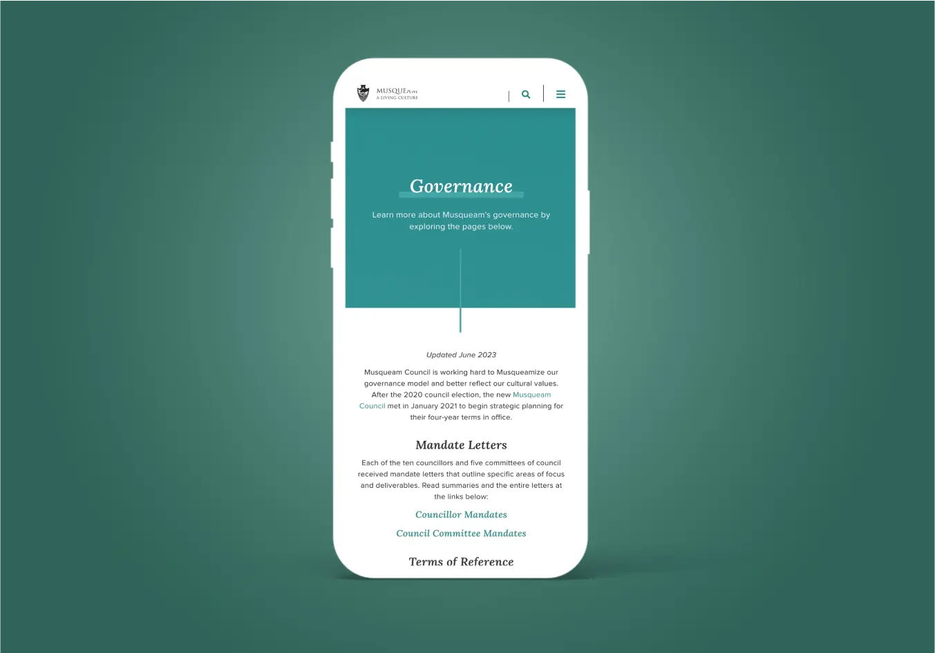 The Governance landing page is showcased on a mobile device.
