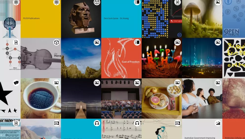 photo collage with colour blocks, showcasing the various things shared with Creative Commons licenses
