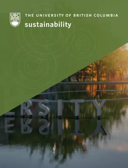 Photo of UBC campus overlaid with a green overlay that shows the UBC Sustainability logo
