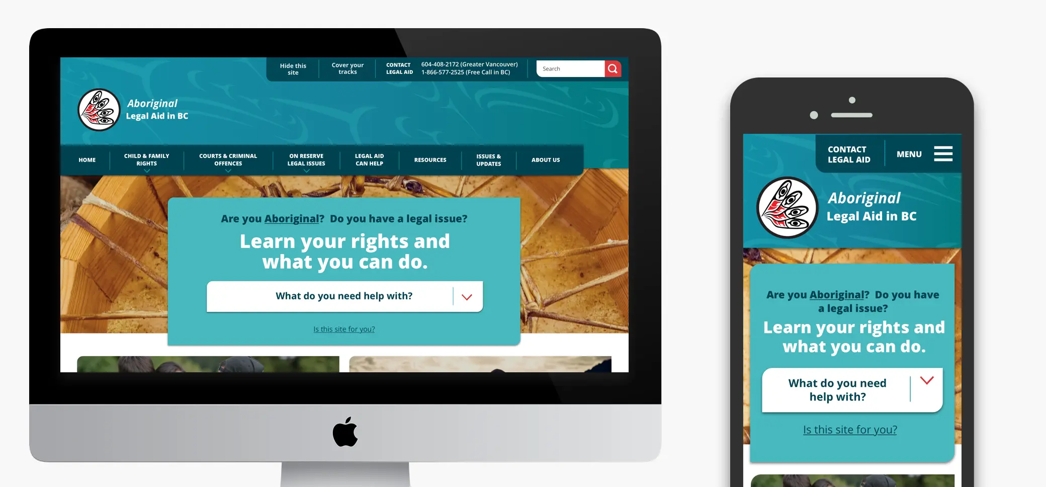 The new Aboriginal legal aid website displayed on a desktop screen and mobile screen.