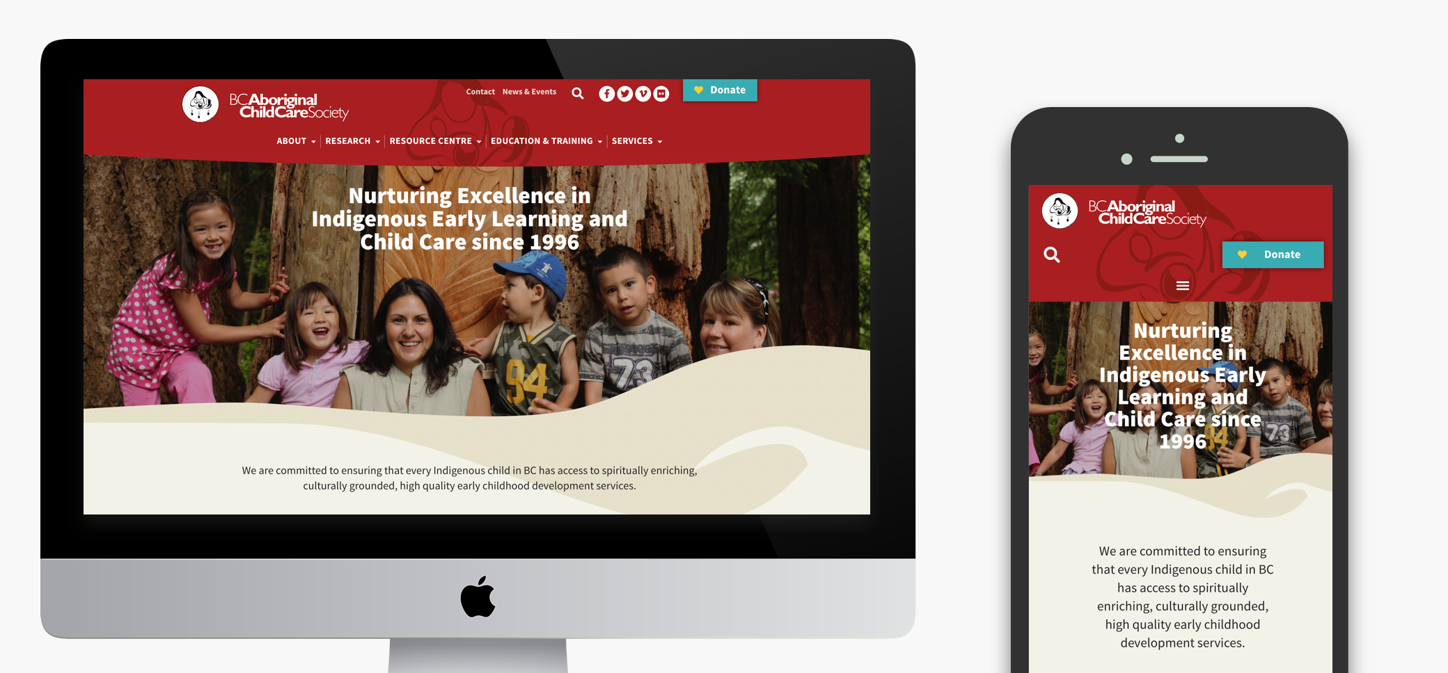 A screenshot image showing the BC Aboritiginal ChildCare Society's website on a desktop and also a mobile device