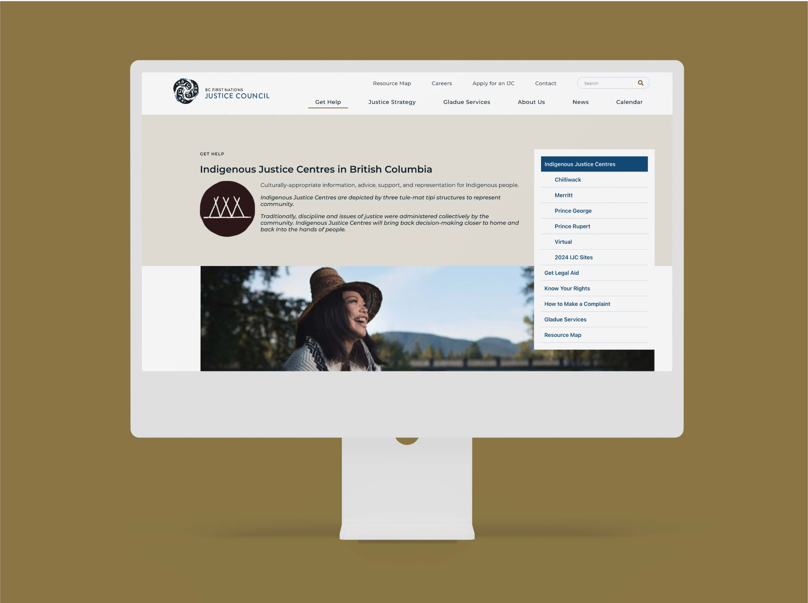 Desktop mockup showing the BC First Nations Justice Council Get Help page
