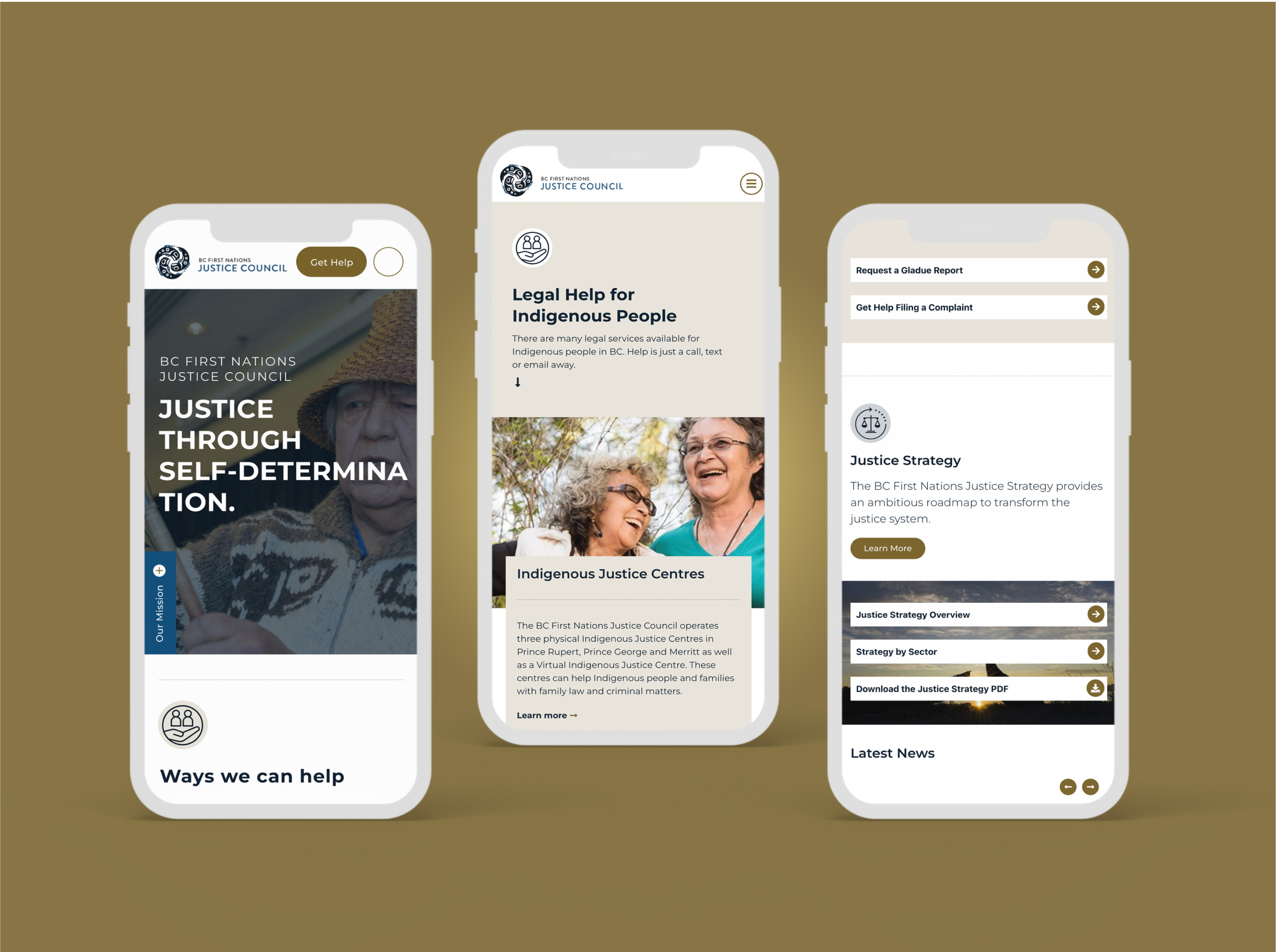 Mobile mockups showing the BC First Nations Justice Council details of the website