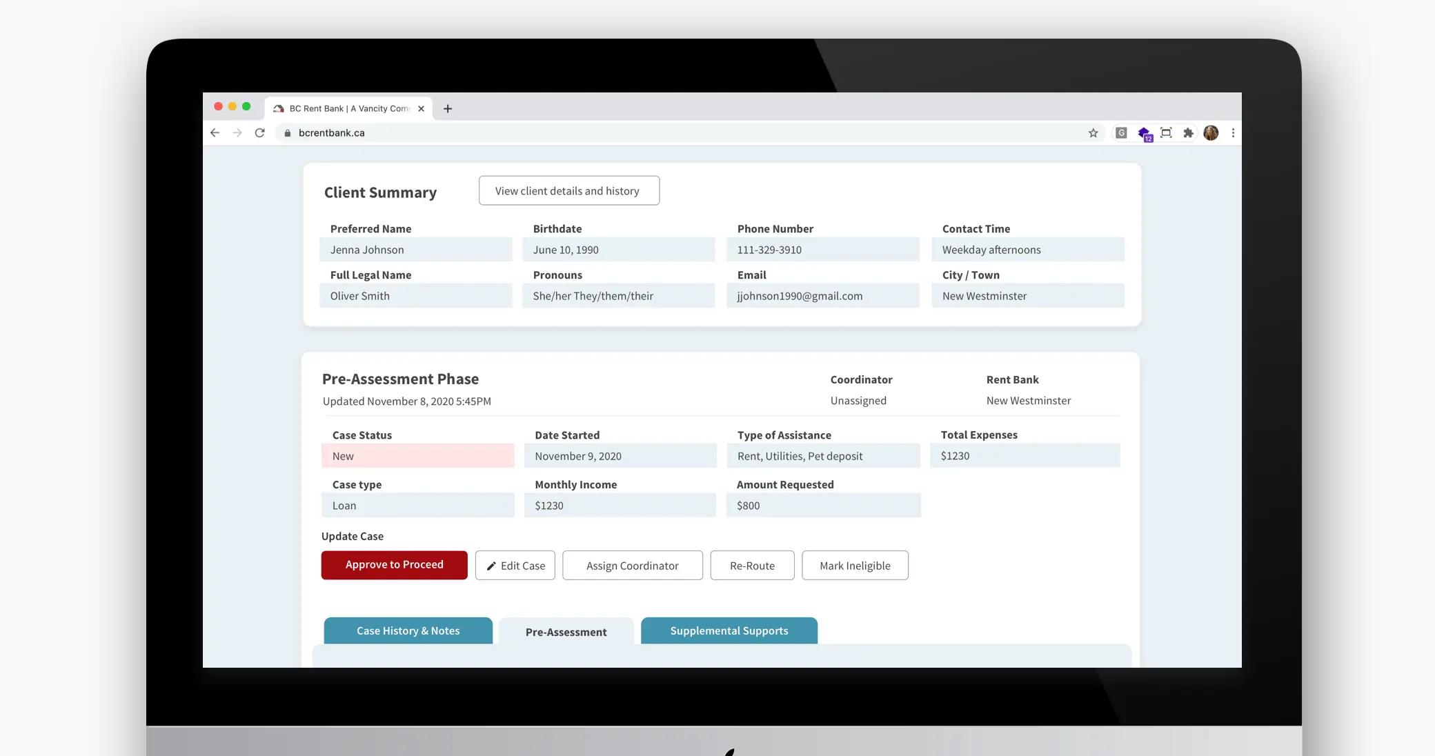 Computer screen with BC Rent Bank website open to a page on Pre-Assessments