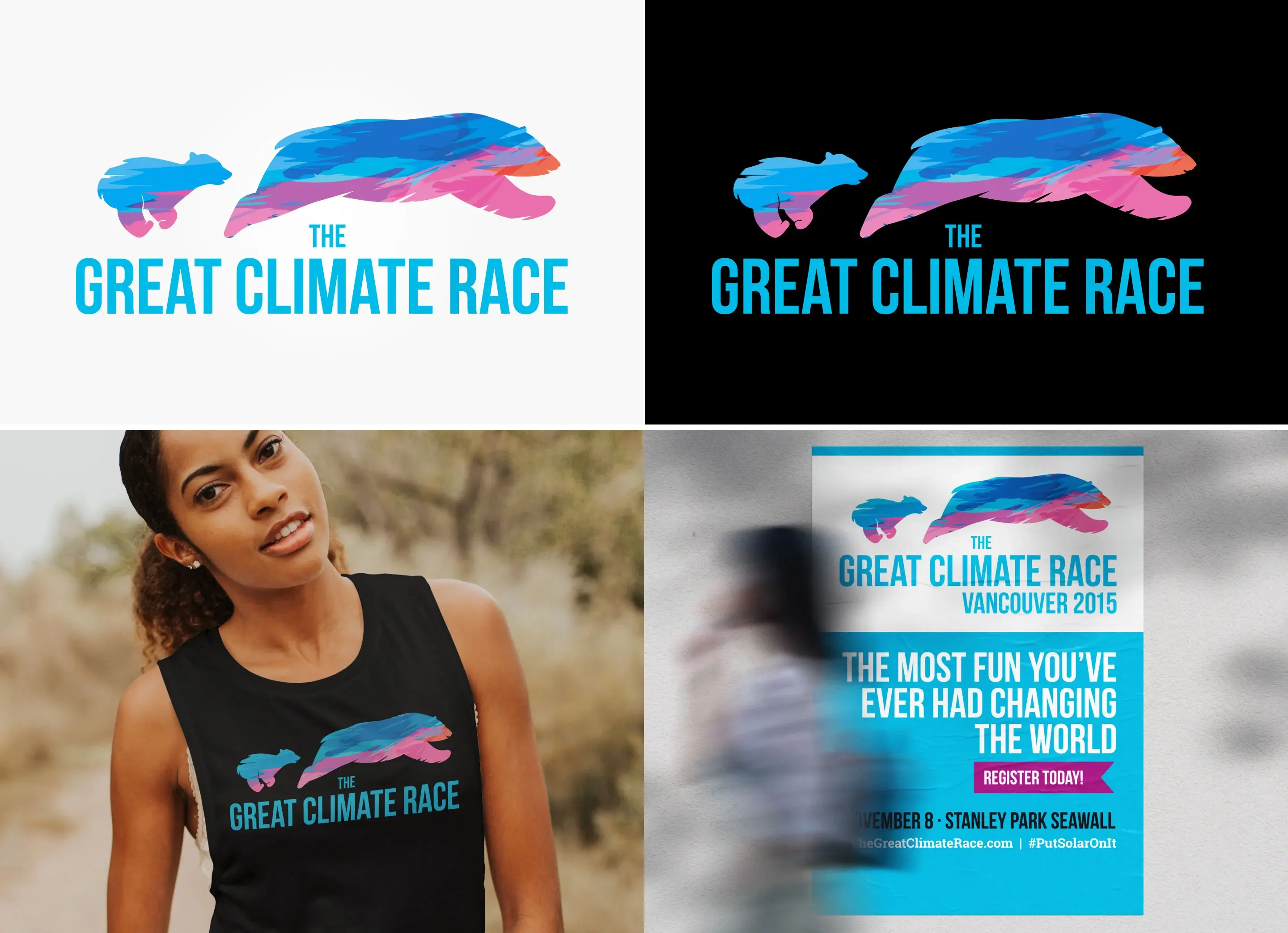 Grid showing the Great Climate Race branding of a multicoloured, running polar bear 