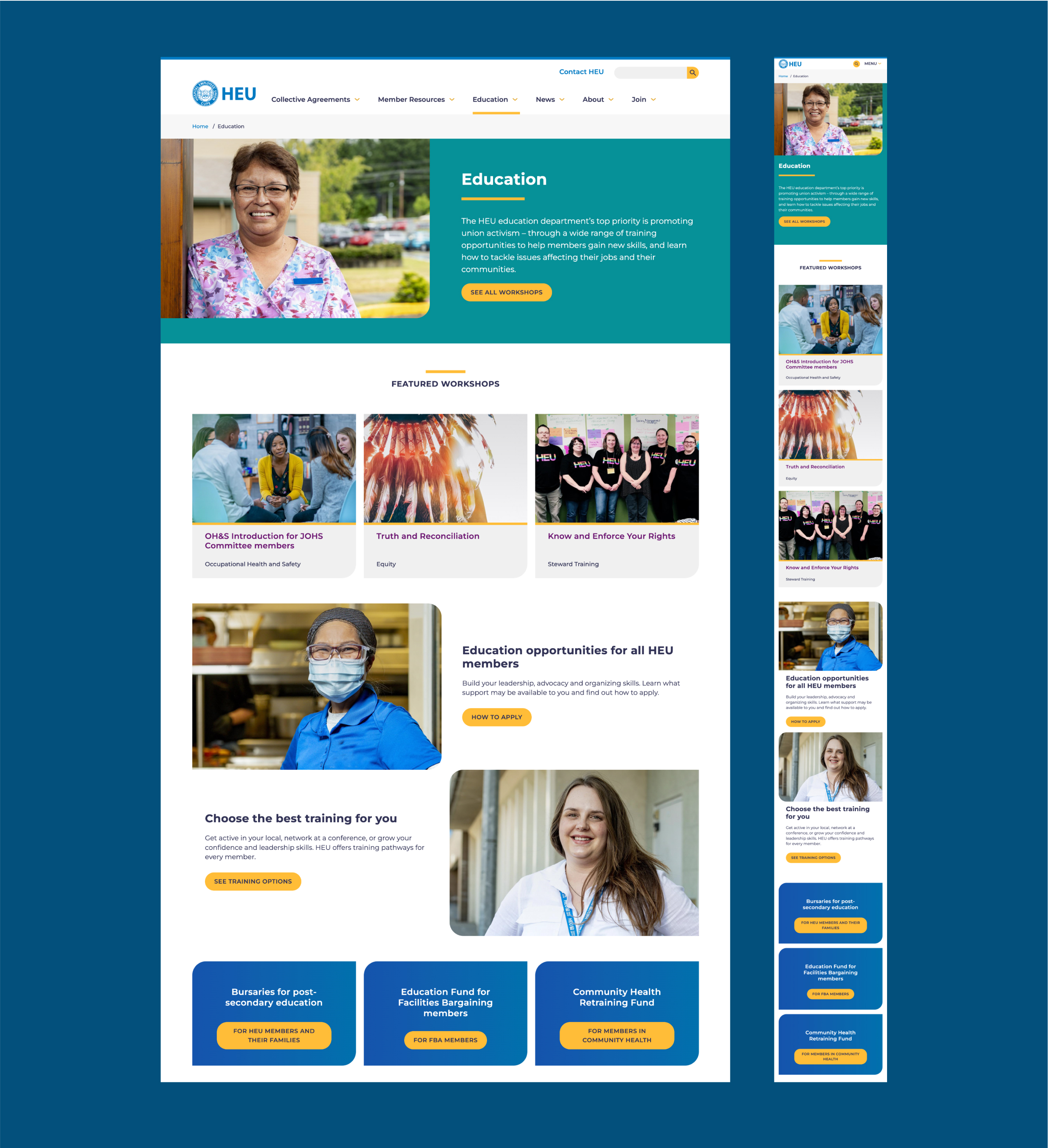 screenshots of the HEU website for desktop and mobile
