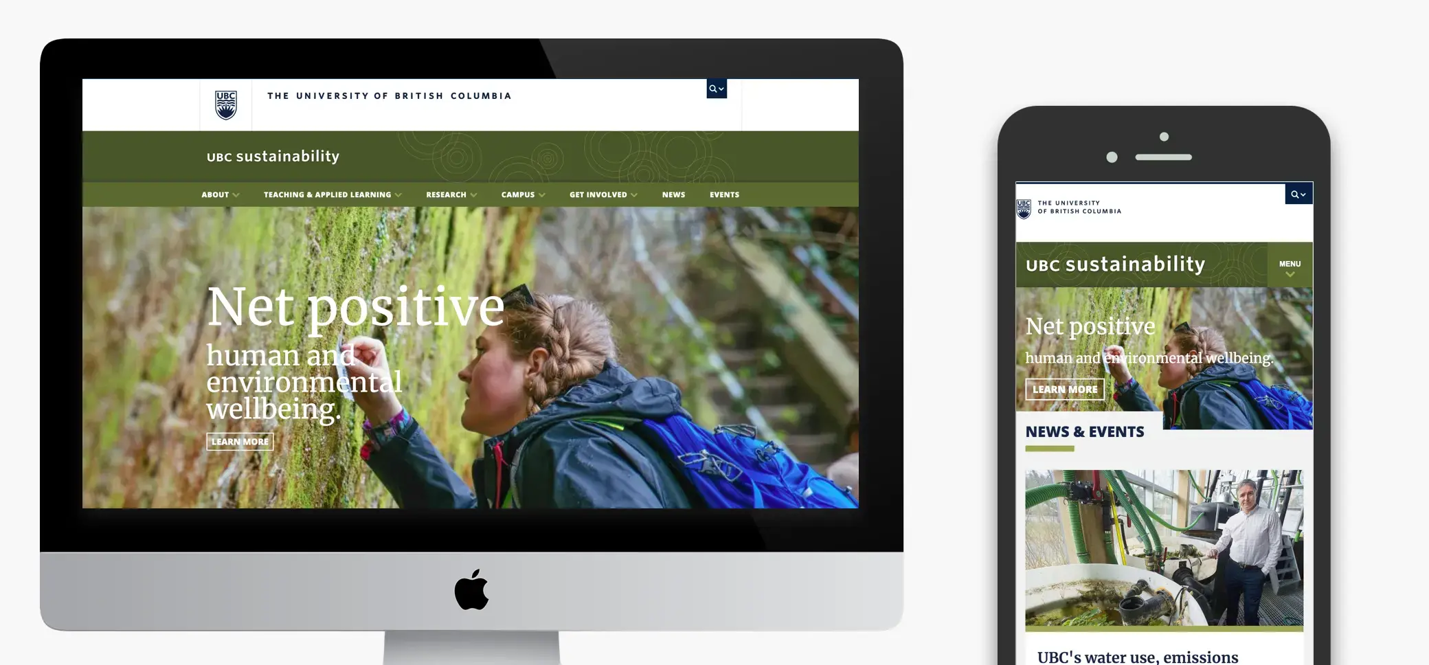 UBC Sustainability homepage shown on a desktop computer and mobile device