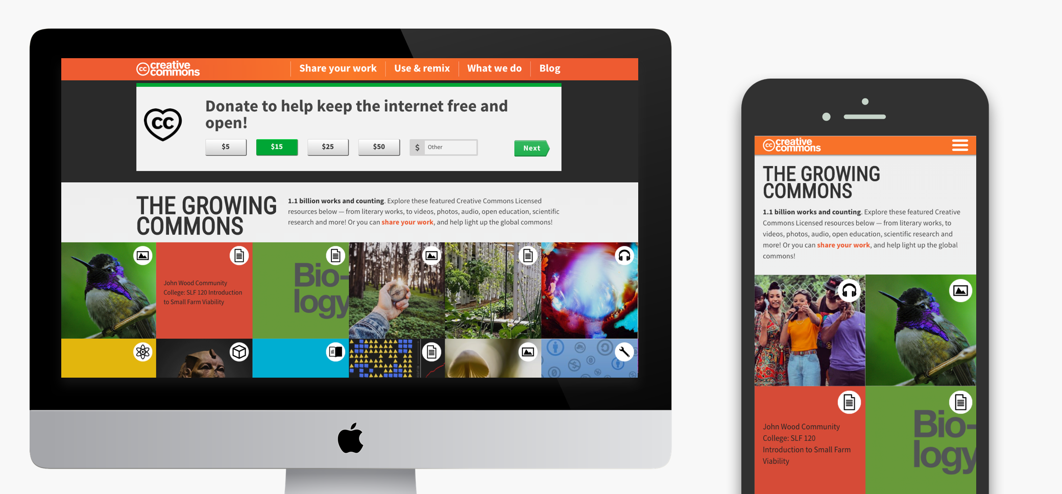 Creative Commons website on a desktop screen and mobile screen.