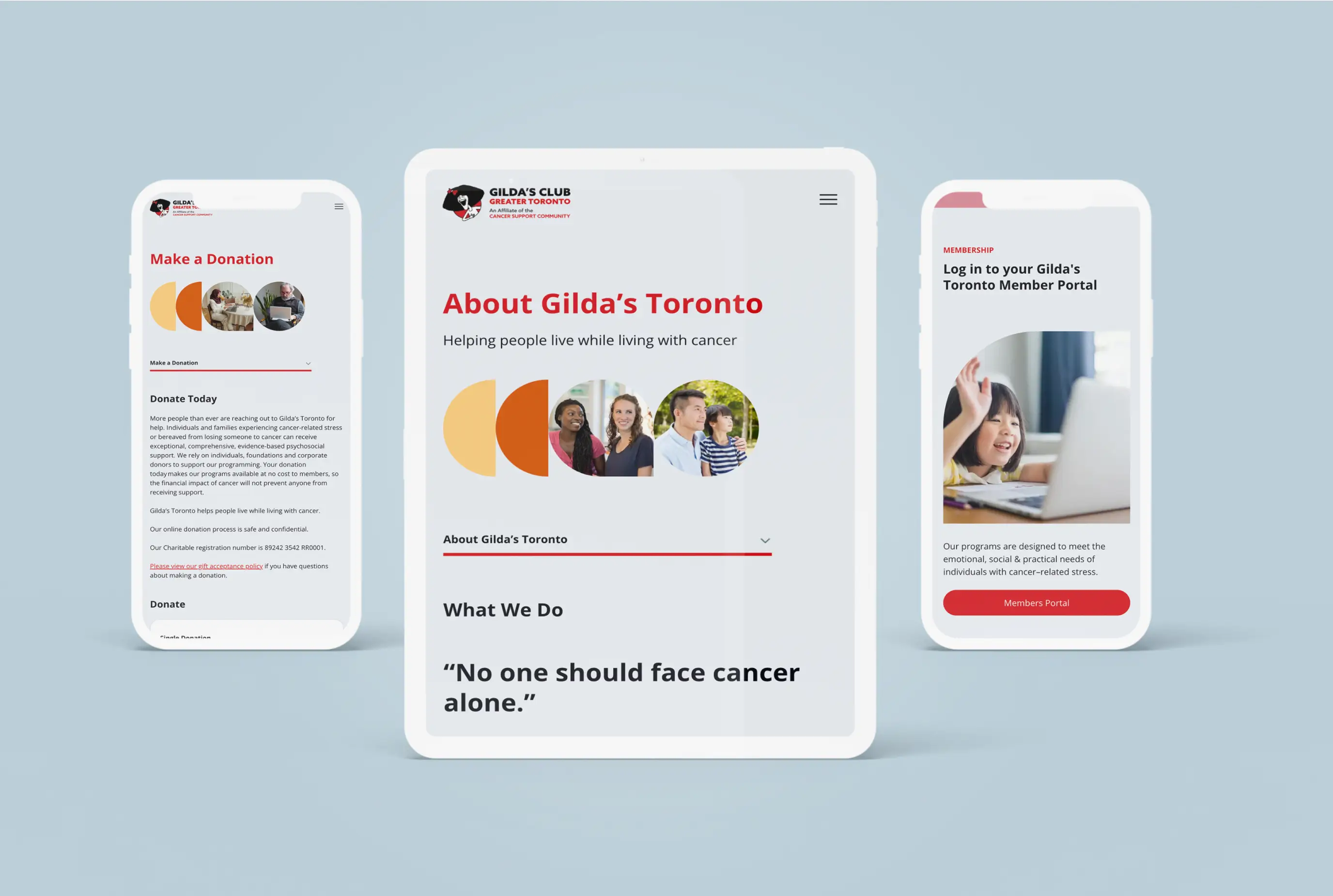 The landing pages and graphic elements of Gilda's Club Greater Toronto website showcased on the tablet and mobile device.