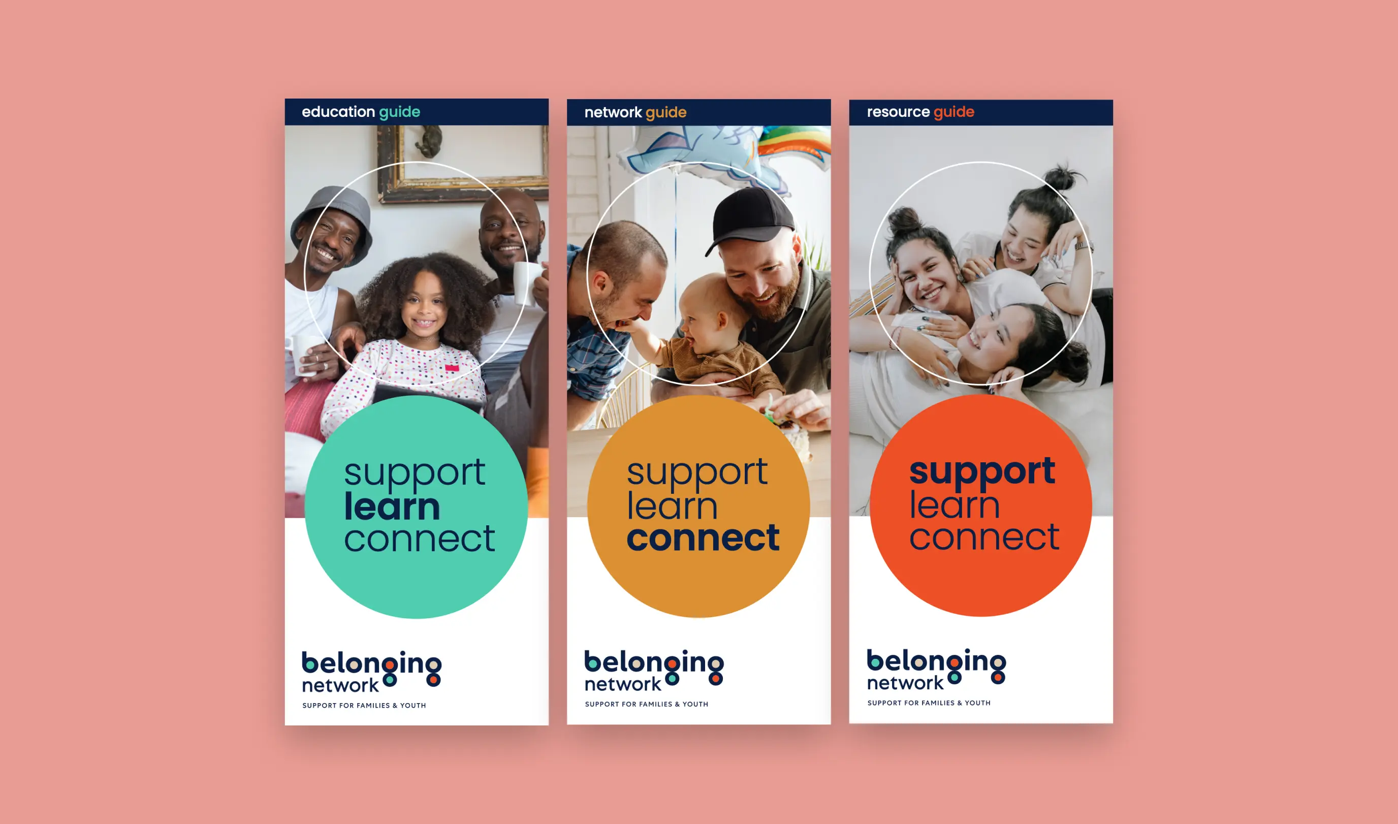 Image of three banners depicting different families with the text "support, learn, connect"