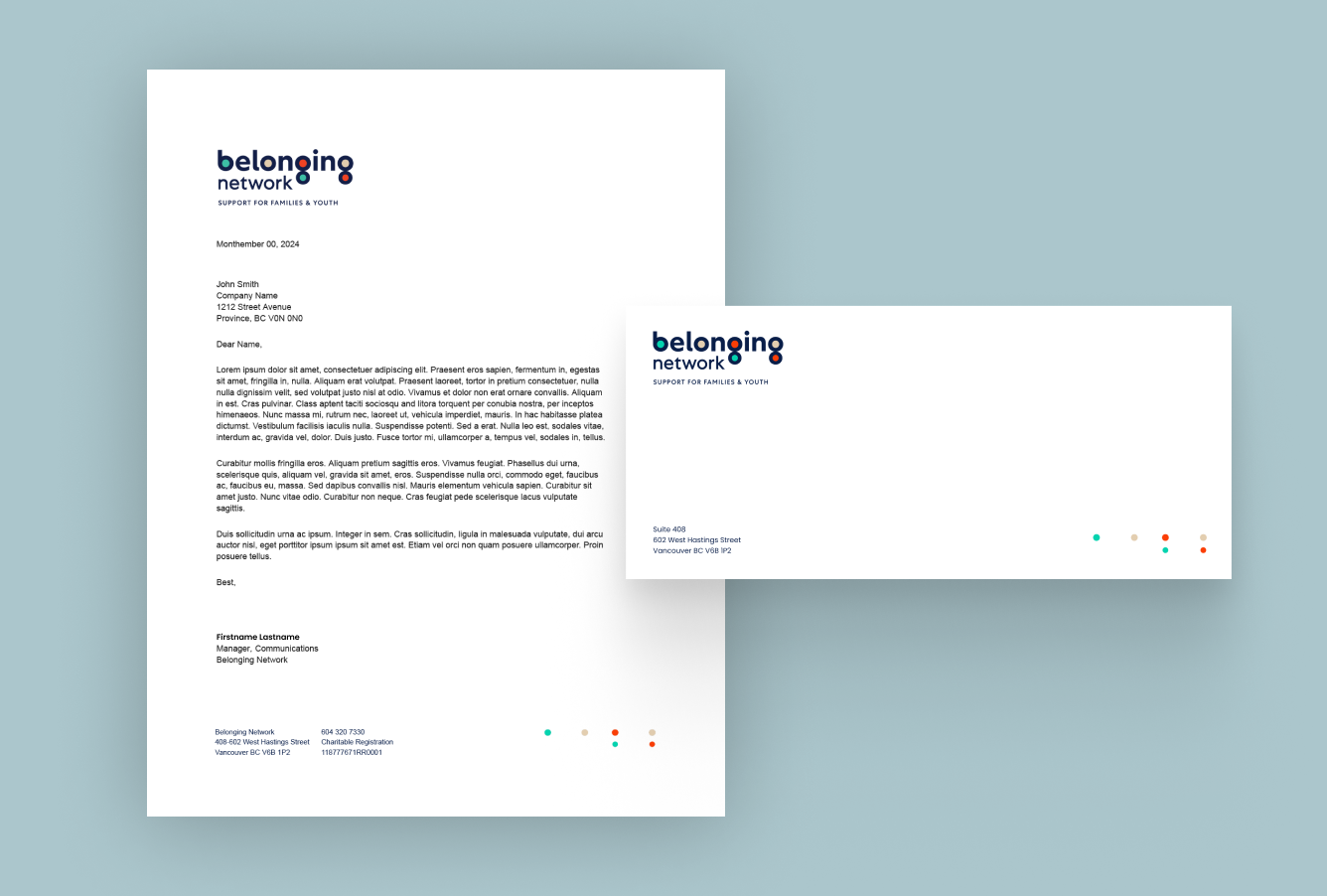 Belonging Network branding shown on stationery