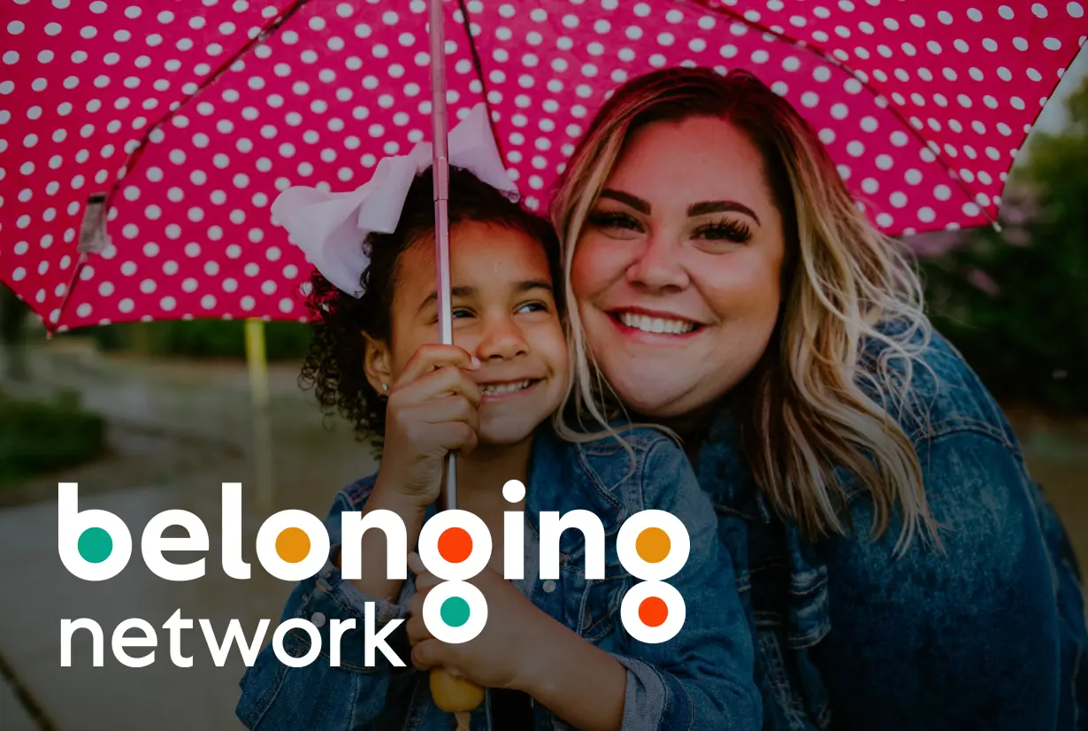 Belonging Network logo in reverse over an image of a mother and her adopted daughter