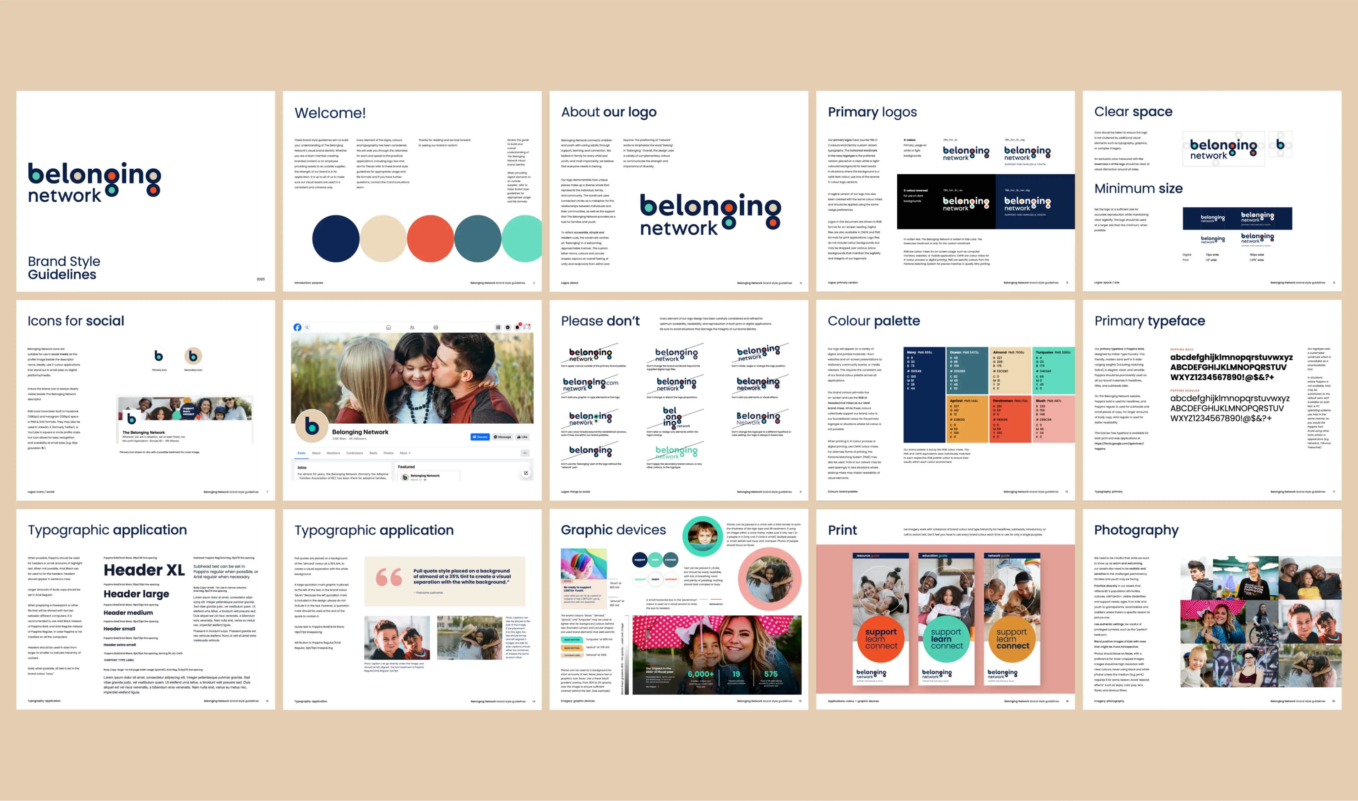 pages from the Belonging Network style guide showing usage rules for the logo, typography, images and graphic devices