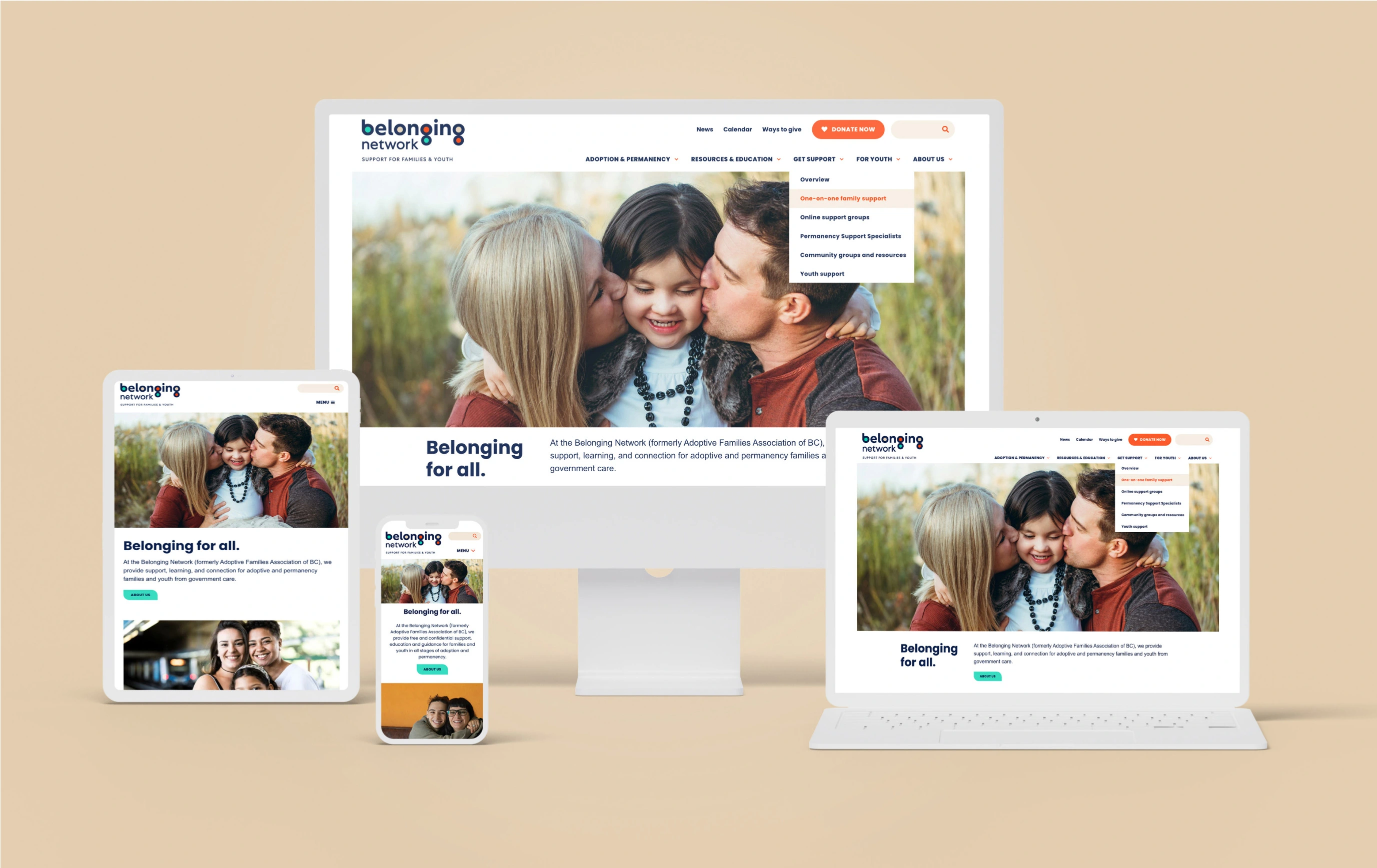 Belonging Network website was showcased on four devices to demonstrate its responsiveness. The homepage design showing 2 parent kissing their daughter. The design is  presented on a laptop, desktop screen, tablet, and mobile phone.