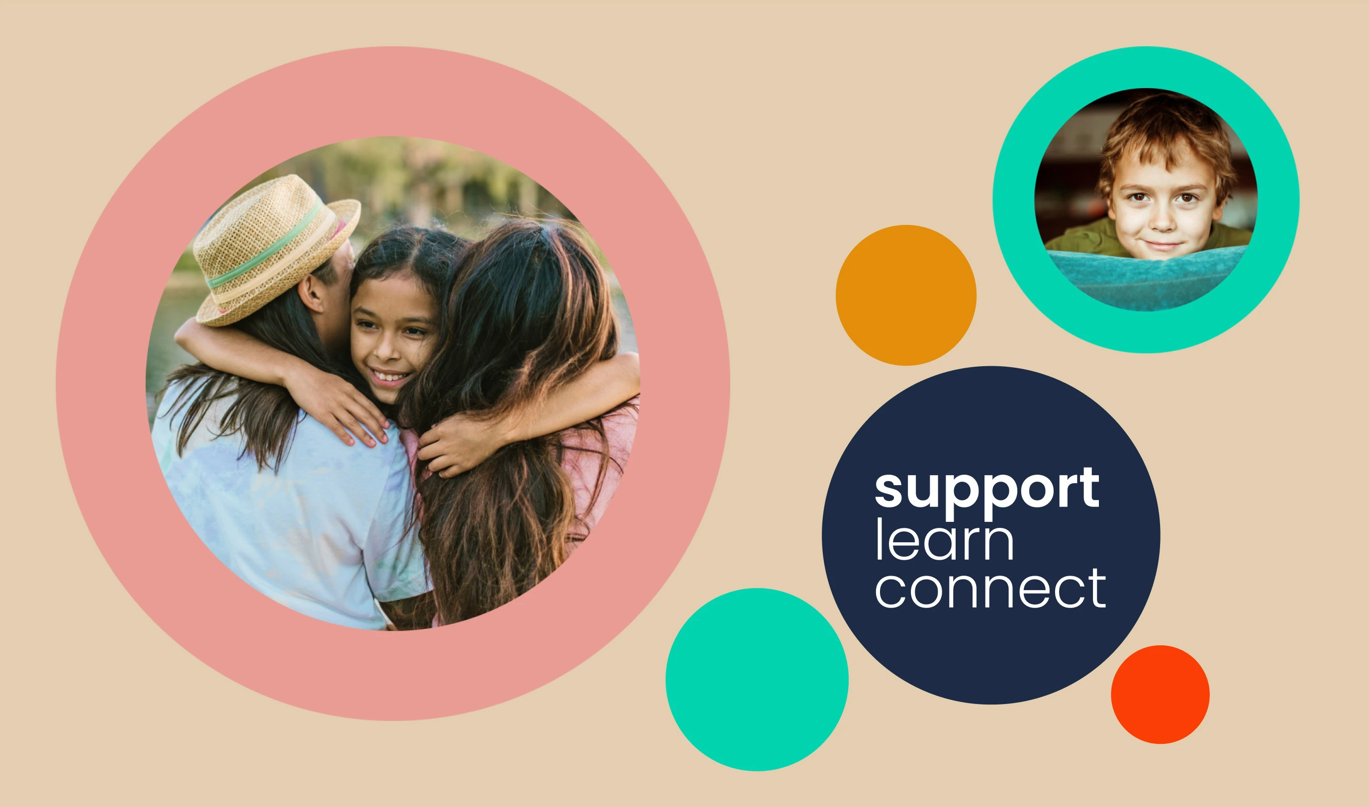 Belonging Network branding elements showcasing circles with images of children and families, along with colorful circles featuring the words "Support," "Learn," and "Connect."