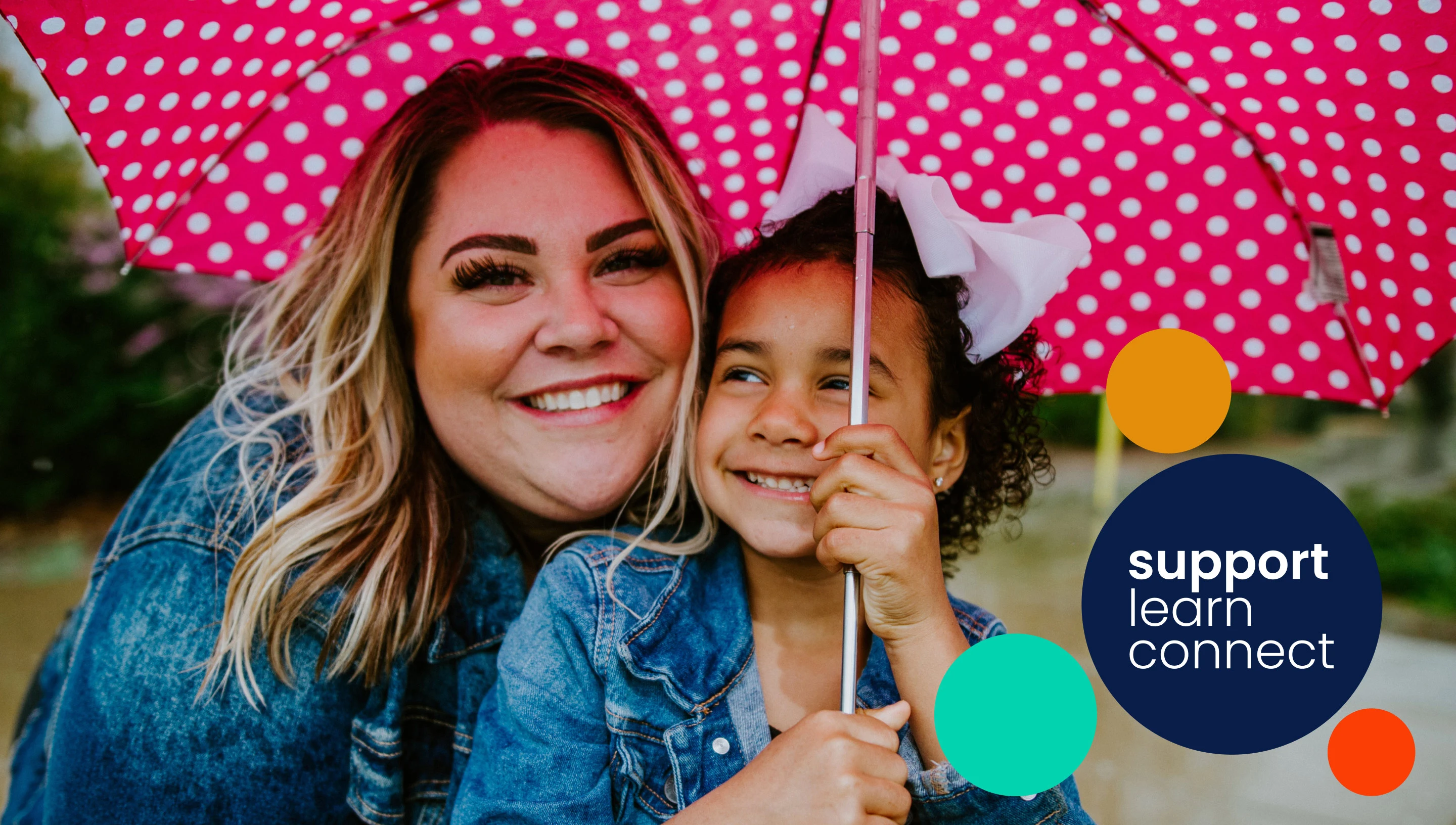 A photo of a woman and her daughter holding a polka dot umbrella, with some branded elements such as colored circles and the words "Support," "Learn," "Connect."