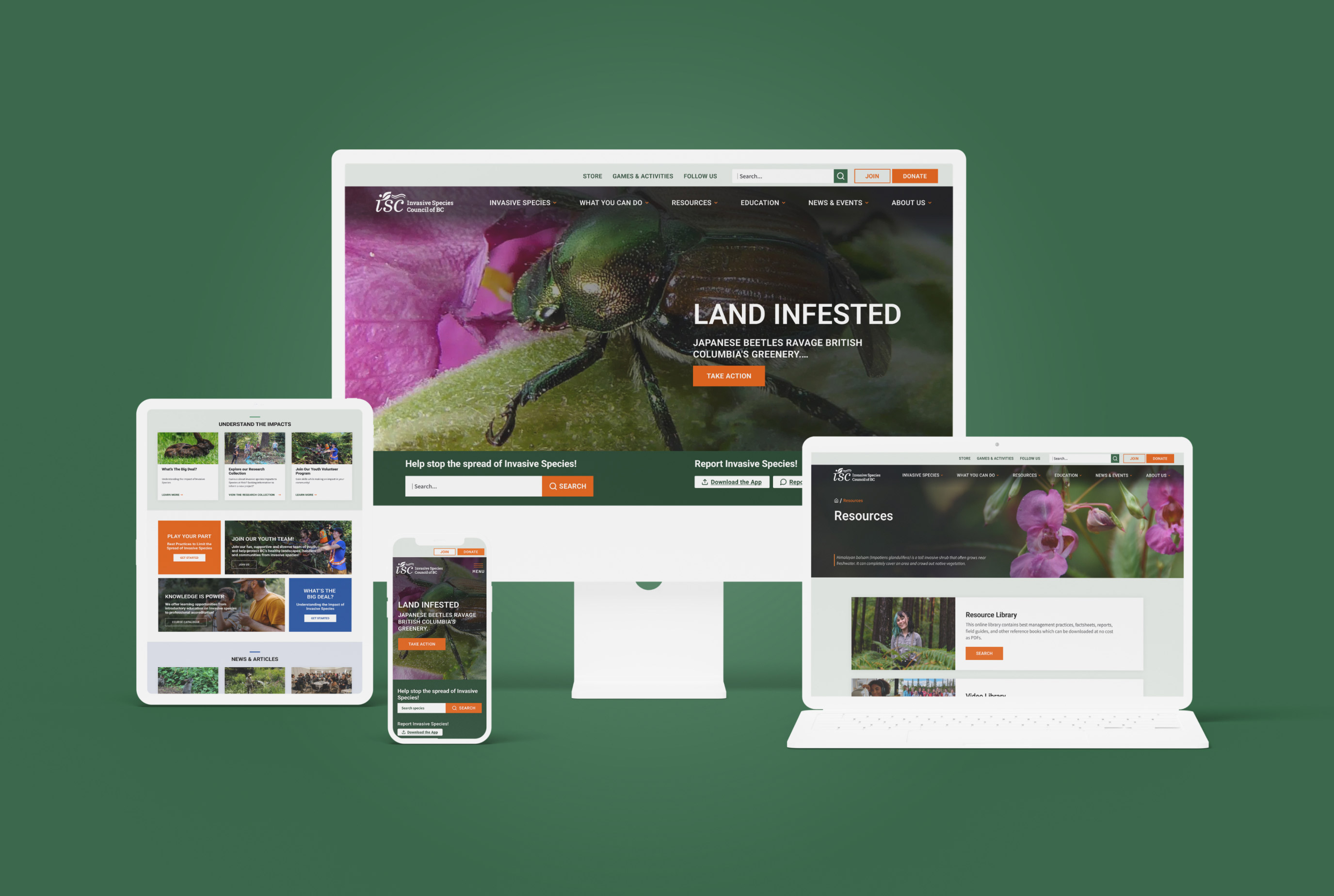 The Invasive Species Council of BC website was showcased on four devices to demonstrate its responsiveness. The design was presented on a laptop, desktop screen, tablet, and mobile phone.