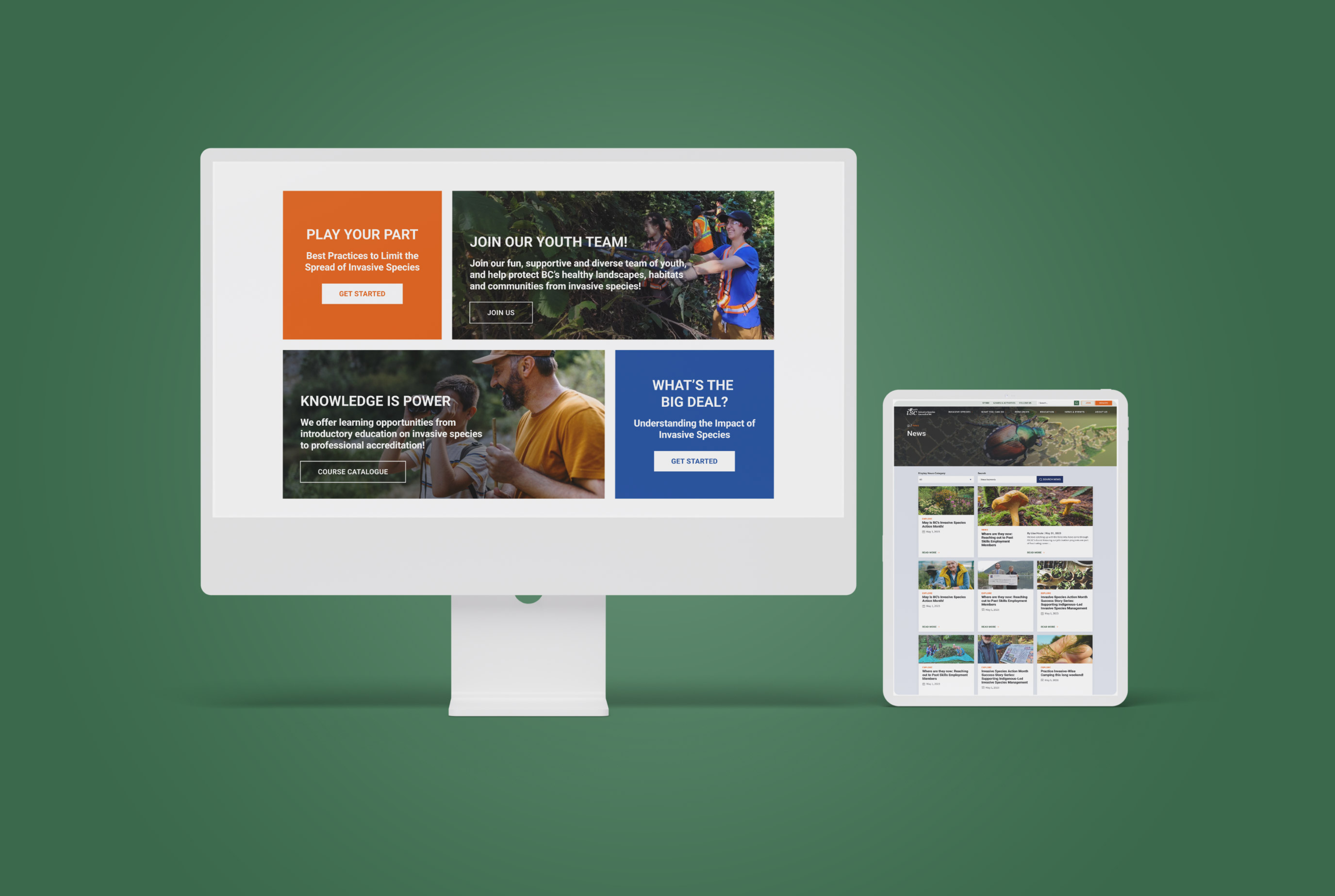 The Invasive Species Council of BC website was showcased on a tablet and desktop screen, showcasing various layout.