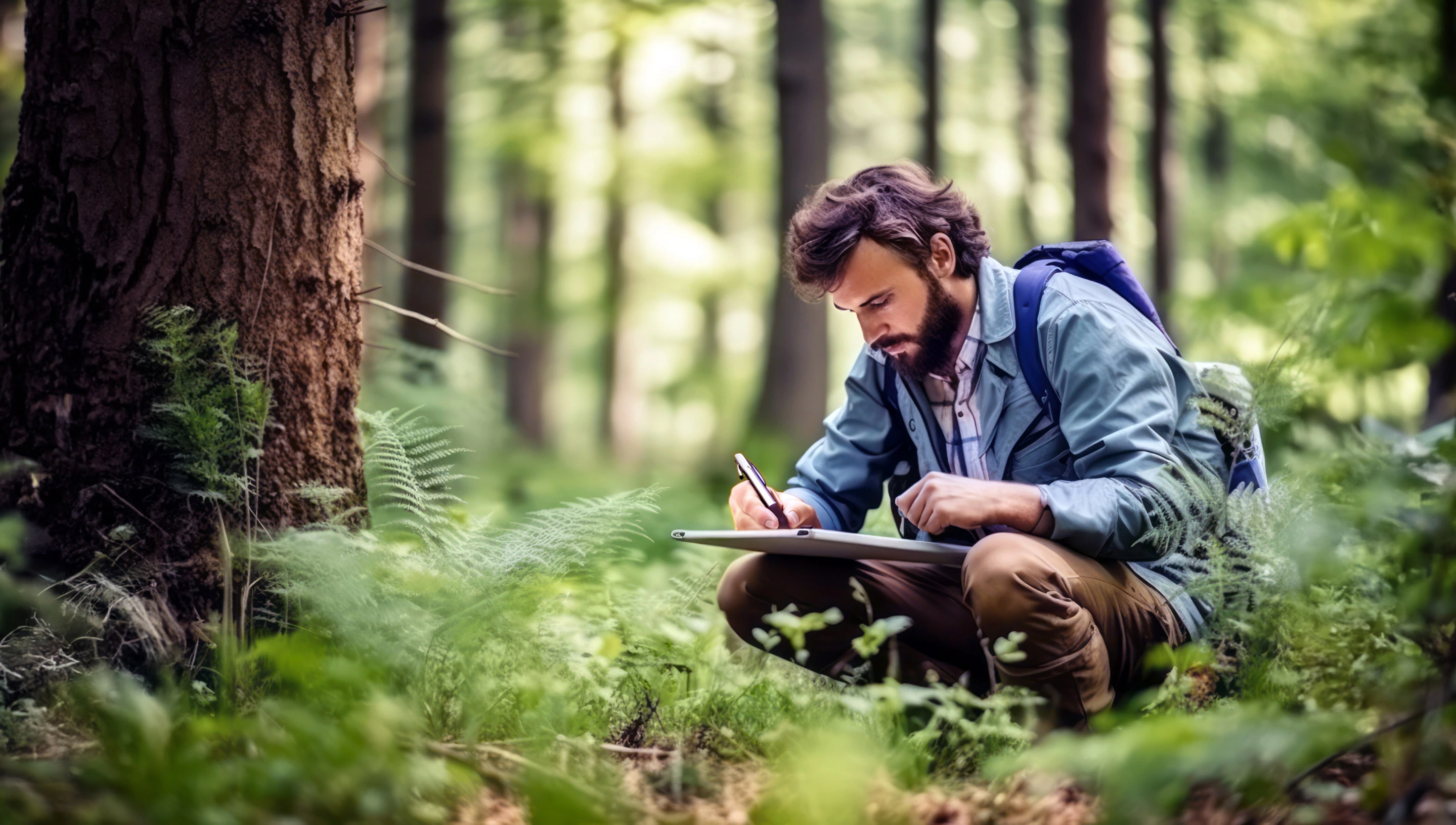 A white man conducting invasive species research is writing in the woods.