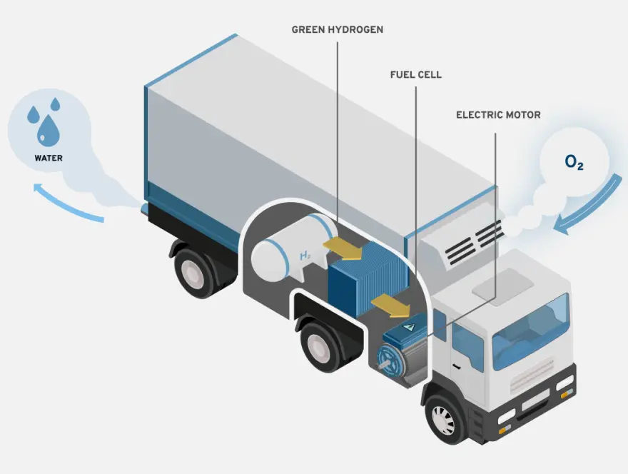 Cross section of a hydrogen truck showing how fuel cells use hydrogen to produce power