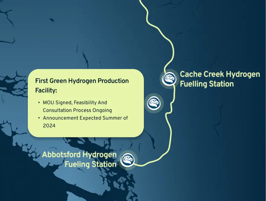 An illustrated map depicting green hydrogen production facility in British Columbia. First green hydrogen production facility, announcement expected summer of 2024