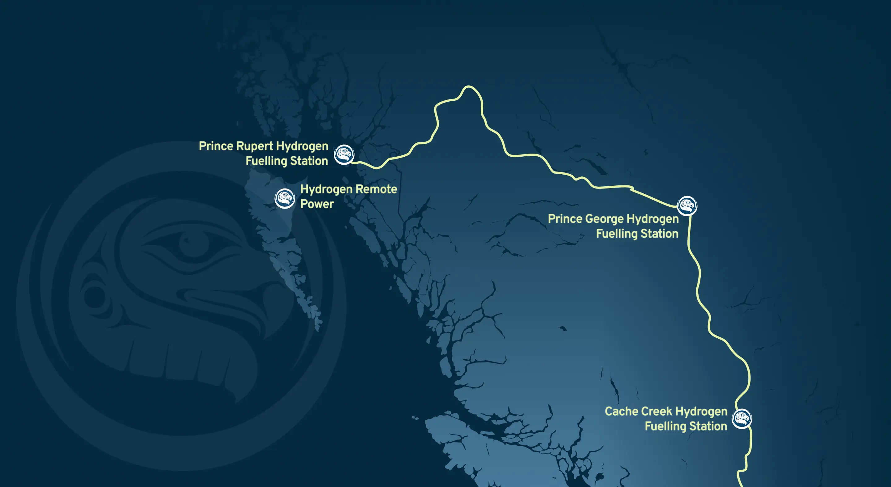 A map showing a route featuring 4 hydrogen fuelling stations in British Columbia