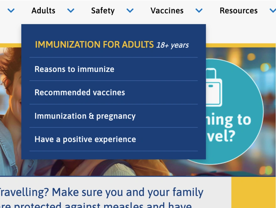 Immunize BC website navigation menu