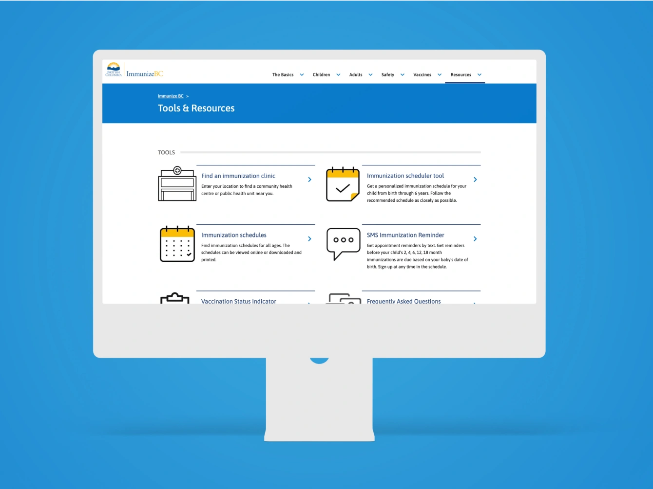 Desktop screen showing a webpage from Immunize BC 