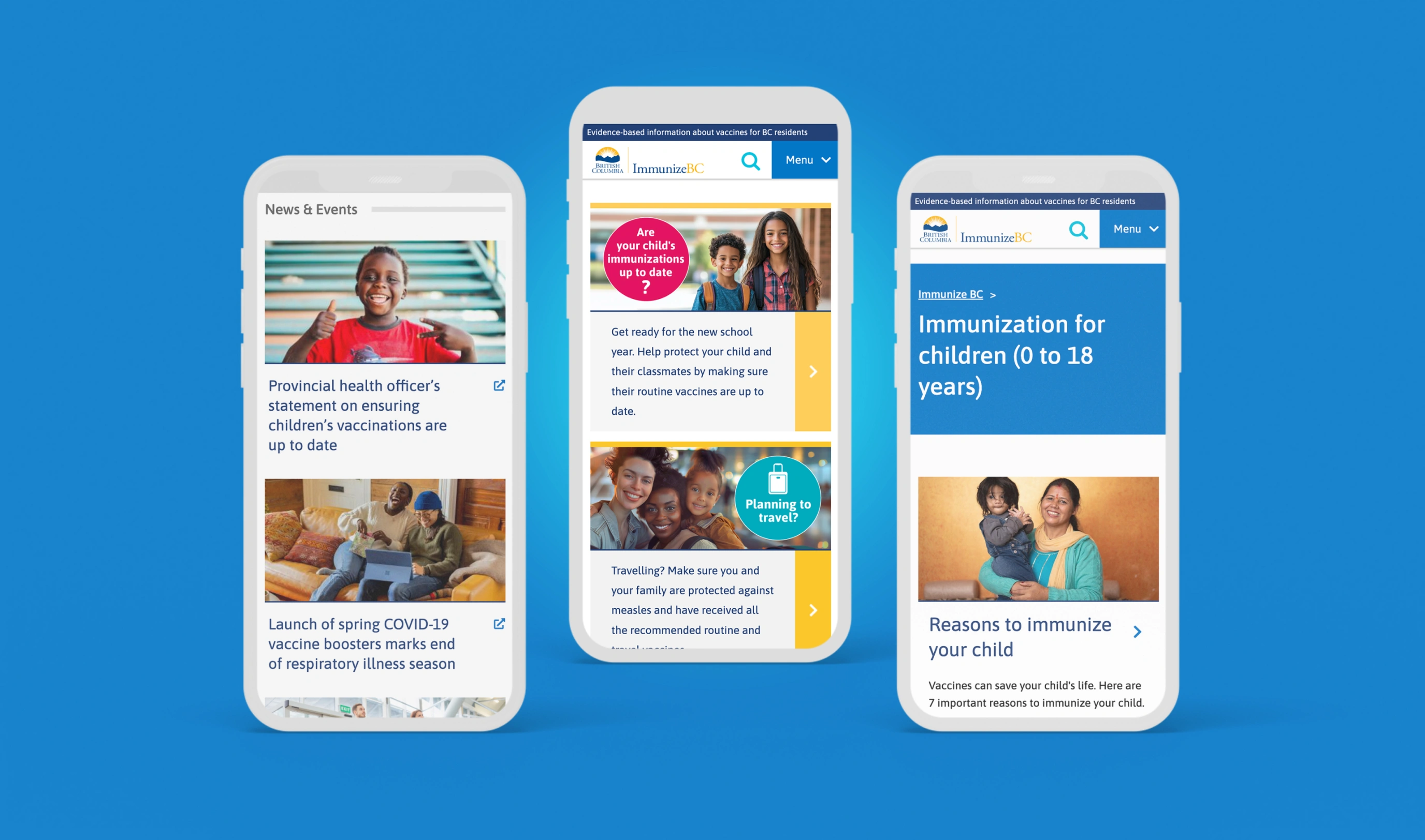 Three phones showing pages of the Immunize BC website
