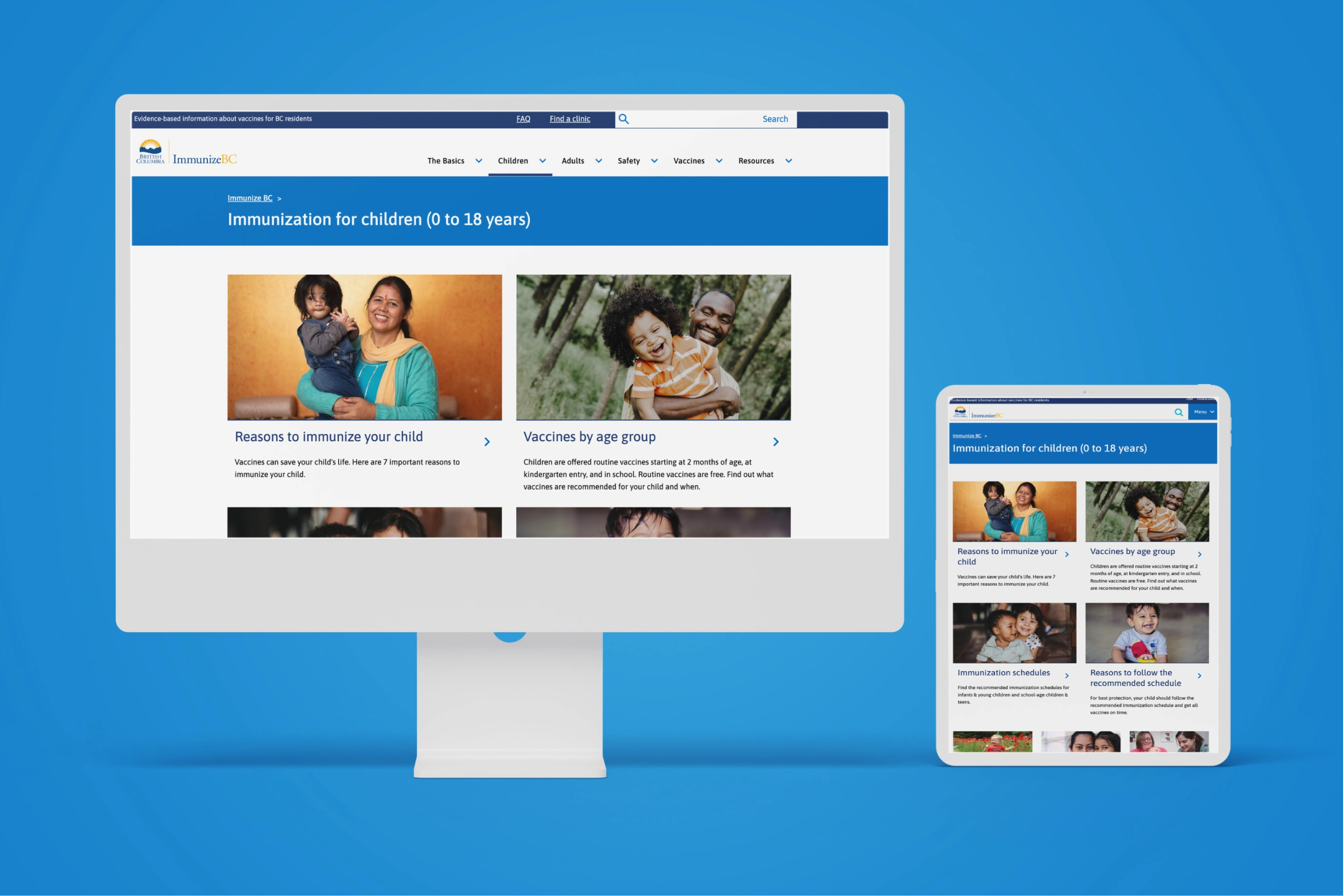 Desktop screen and tablet screen showing webpages from Immunize BC