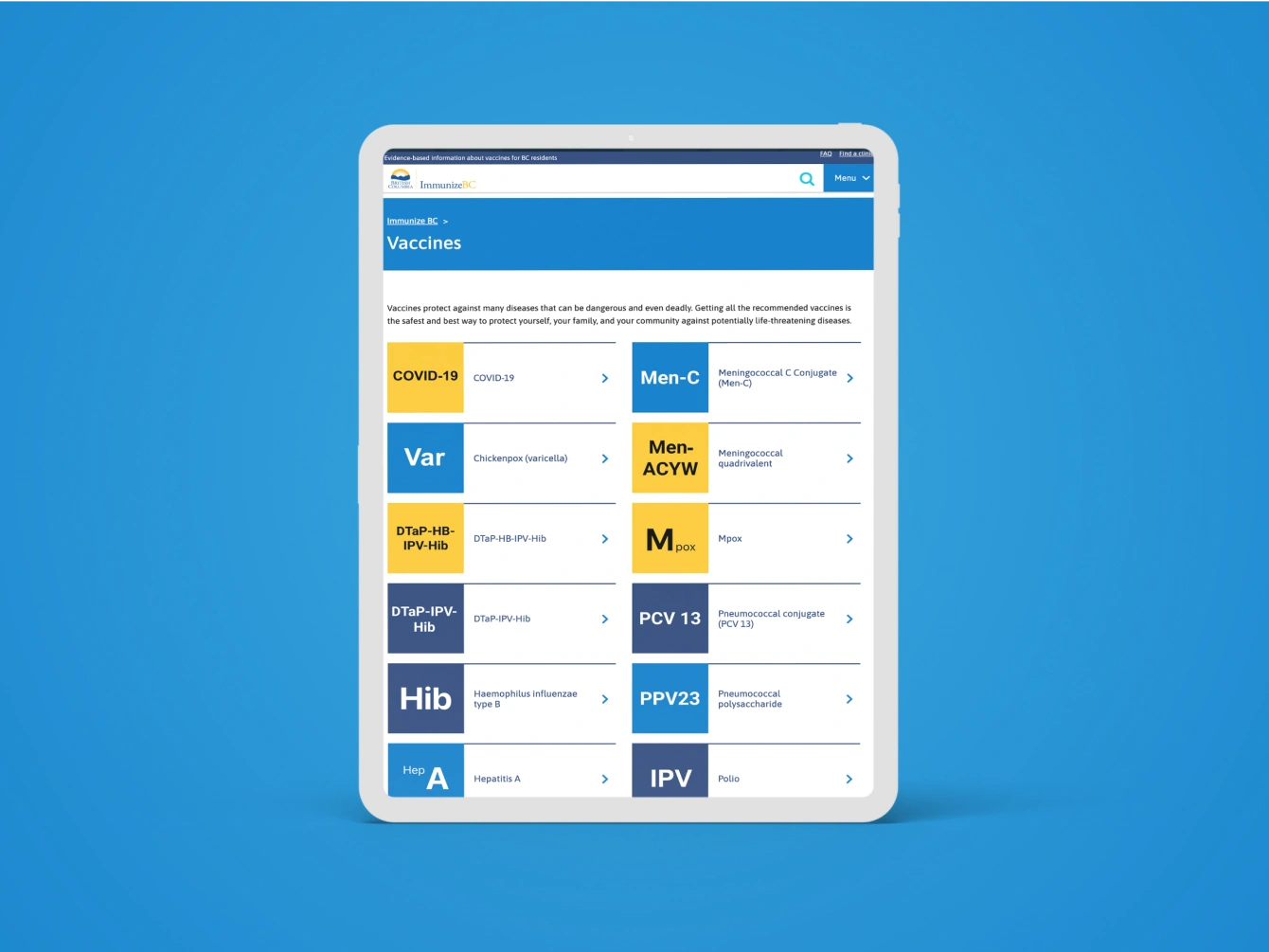 Tablet screen showing webpage from Immunize BC