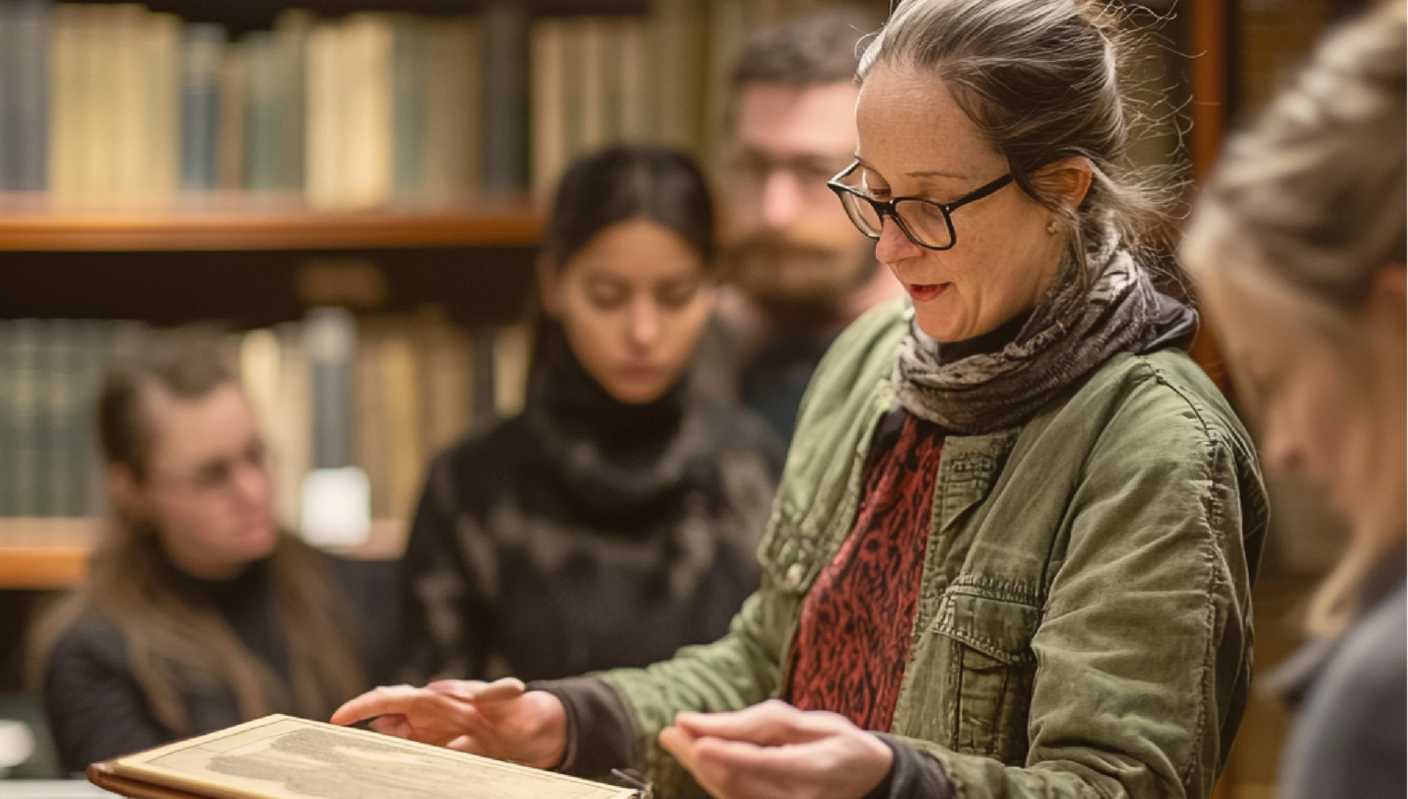 librarian guiding a group through a special collections