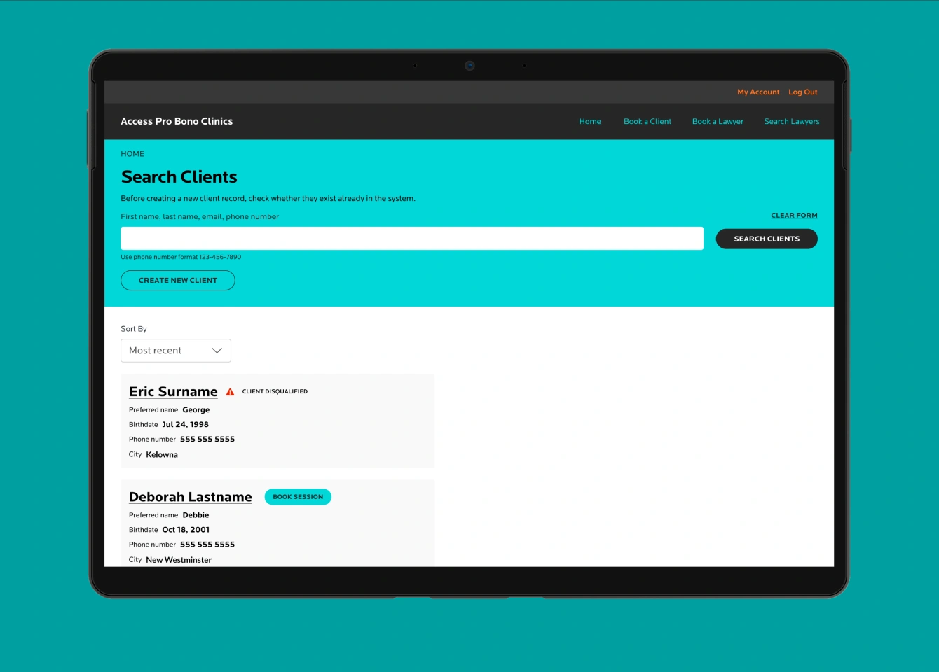Screenshot of client search page, displayed on a tablet
