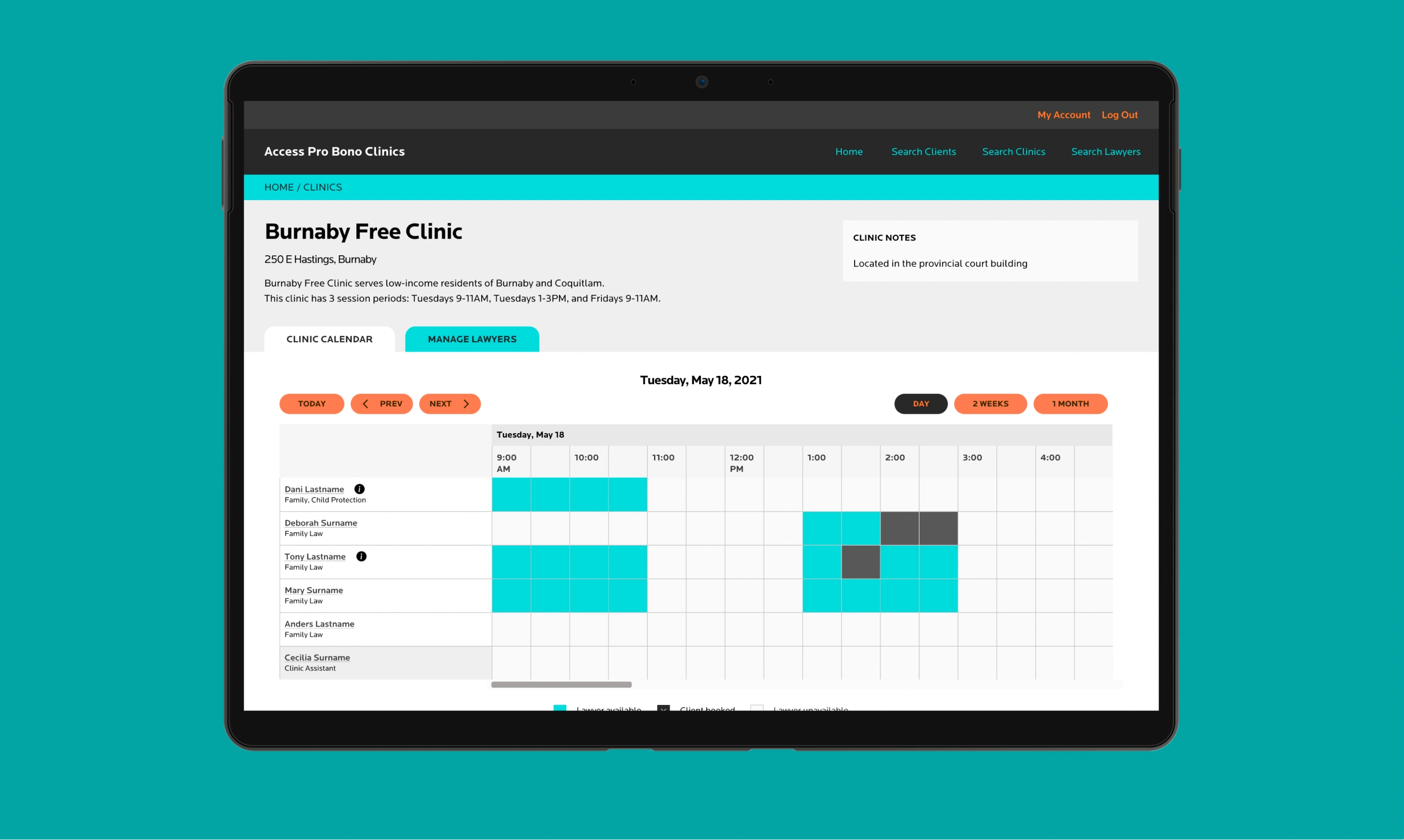 Screenshot of the clinic calendar displayed on a tablet