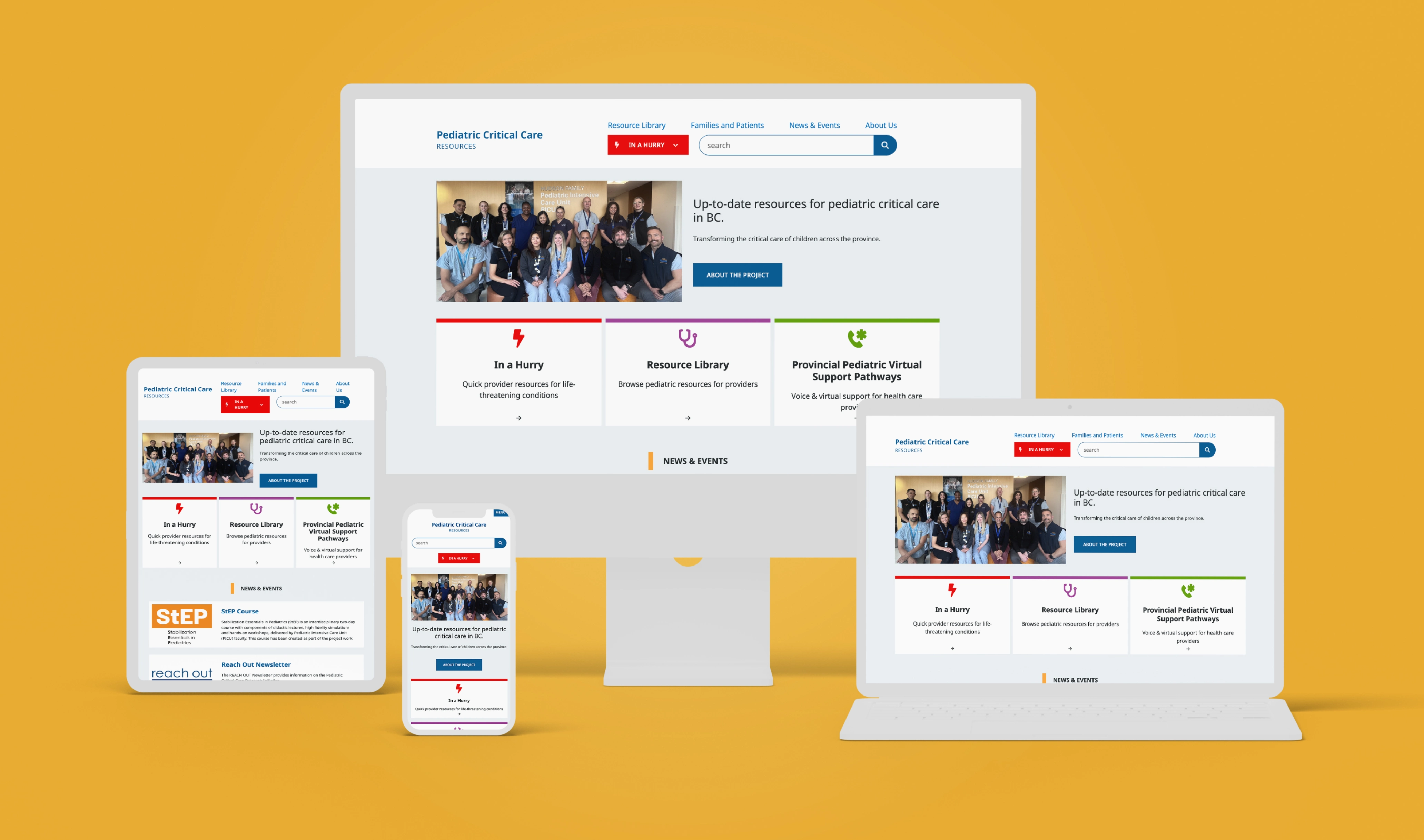The Pediatric Critical Care website mocked up on a desktop, tablet, mobile and laptop. 