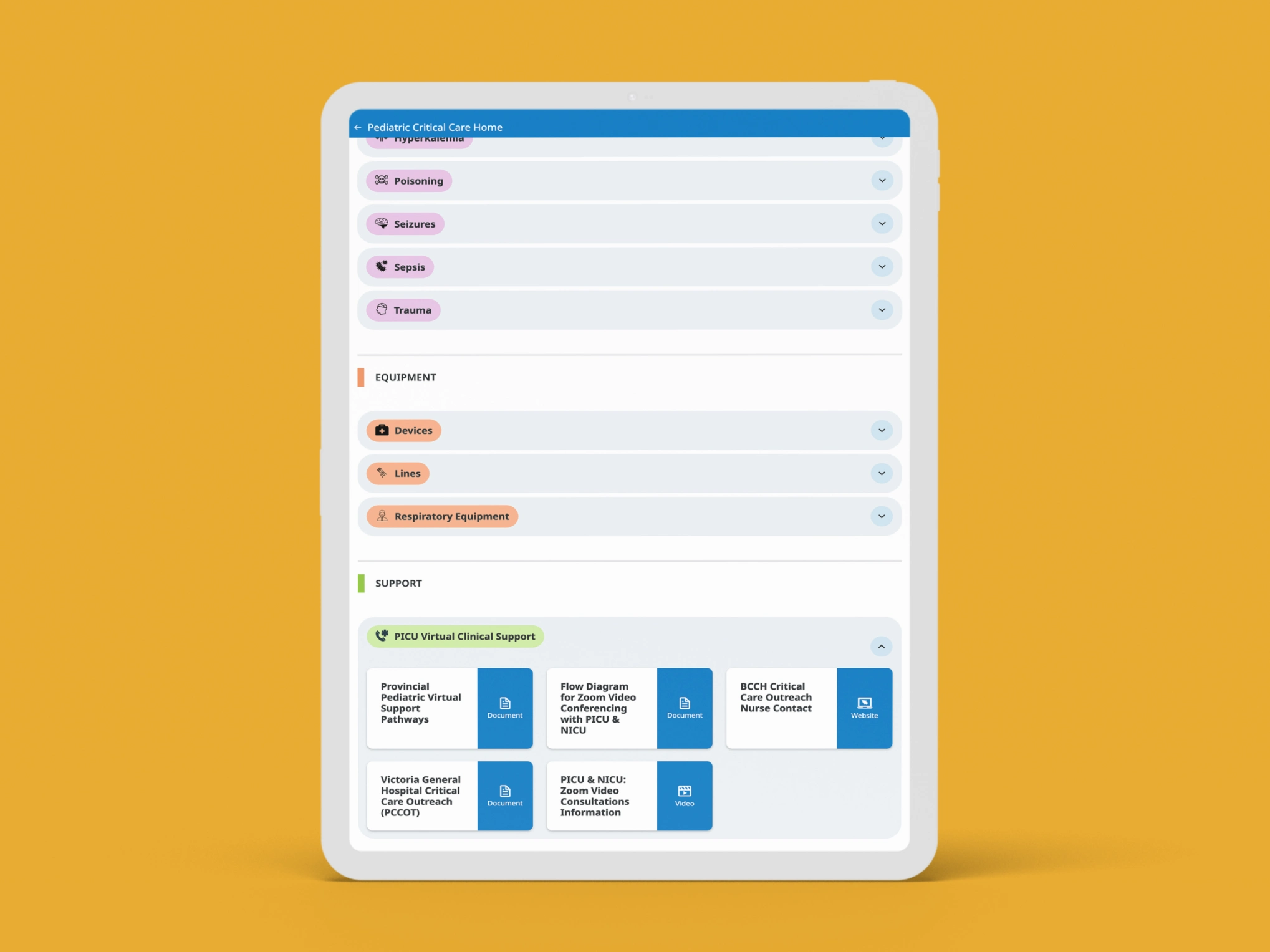 Mockup of the Pediatric Critical Care website on a tablet. Showing an accordion of resources to review. 