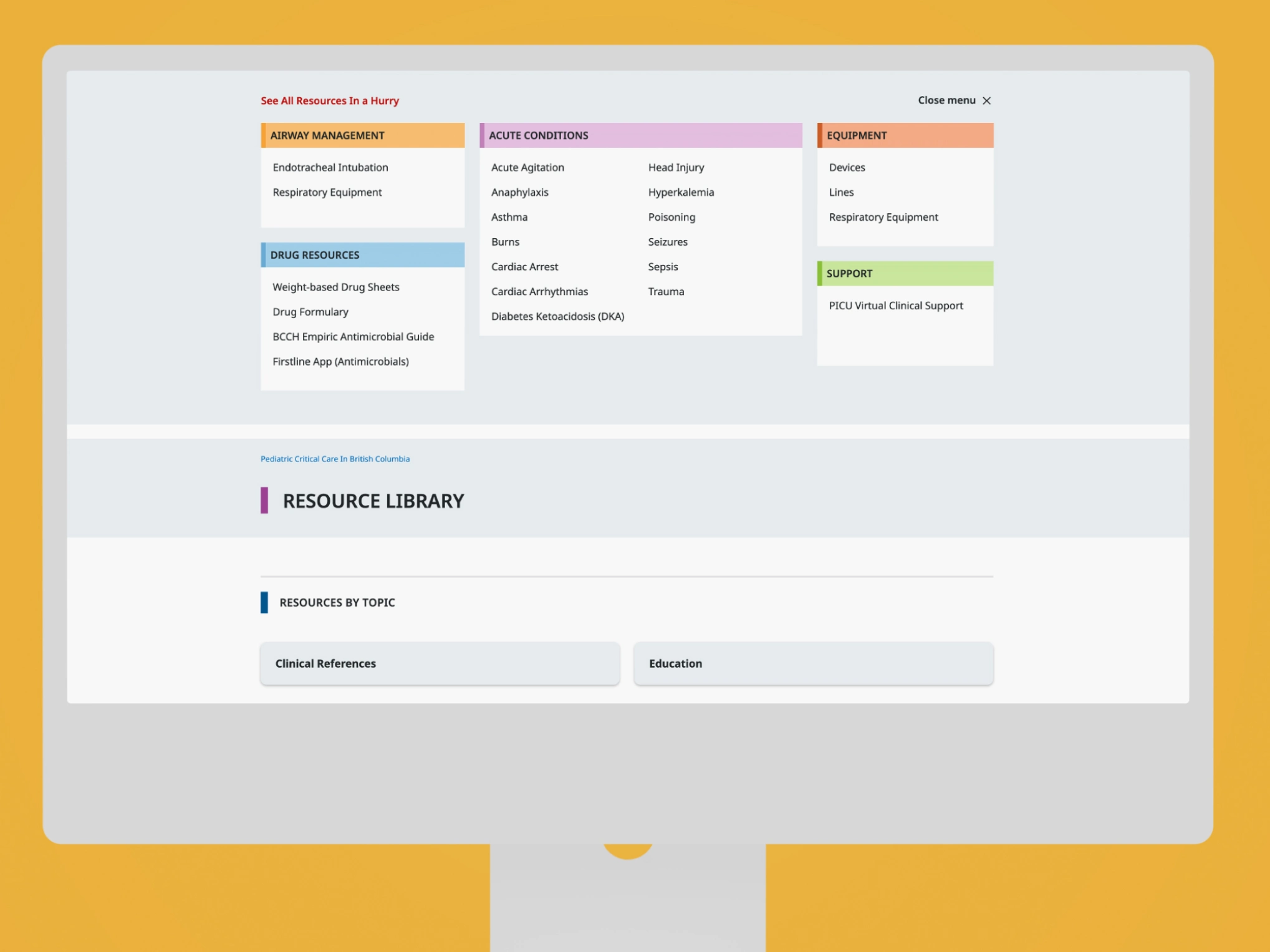 Mock up of the Pediatric Critical Care website on a desktop monitor showing the resource library