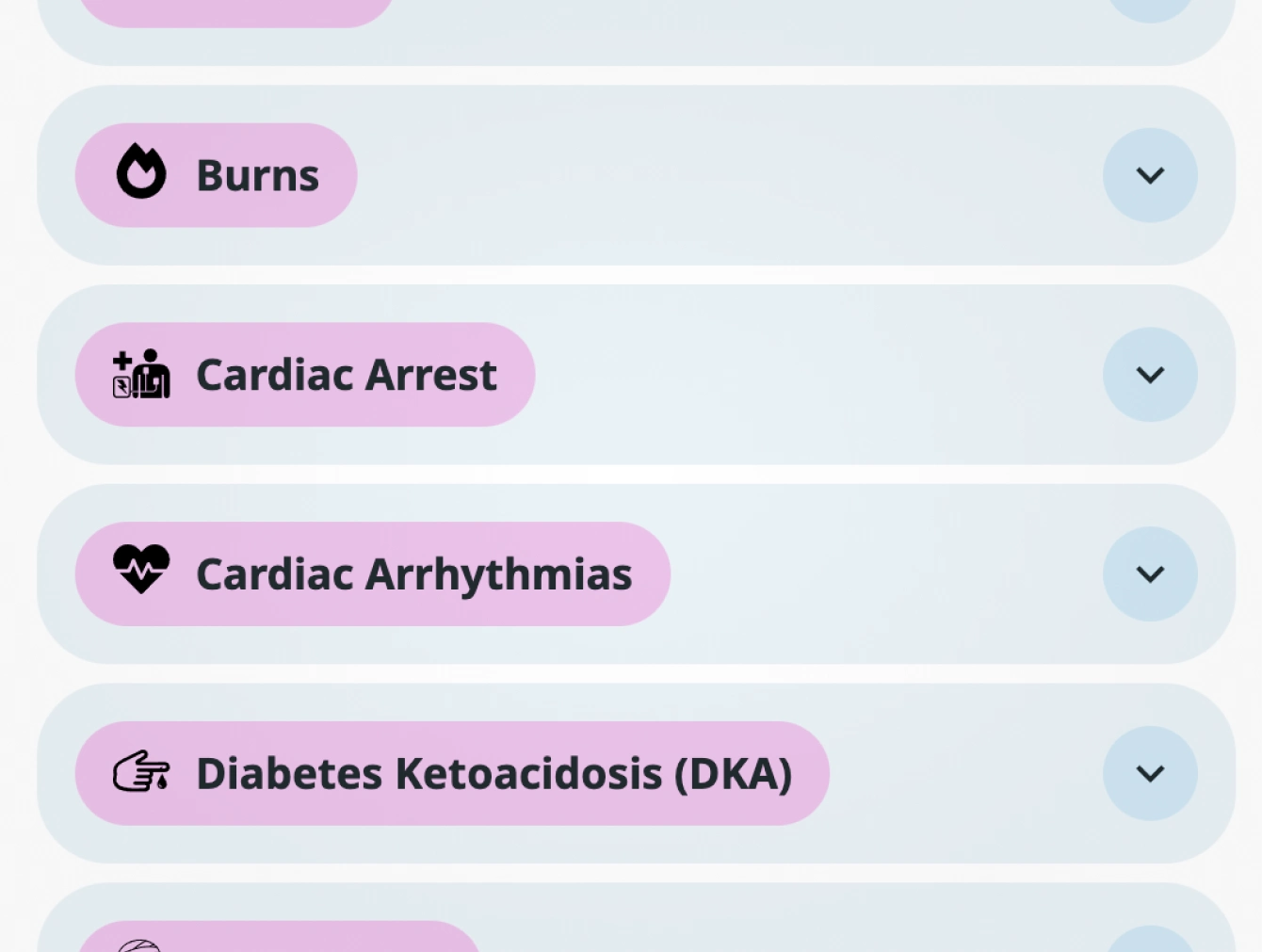 List of medical conditions: Burns, Cardiac Arrest, Cardiac Arrhythmias, Diabetes Ketoacidosis (DKA). Each item has an icon and a drop-down arrow.