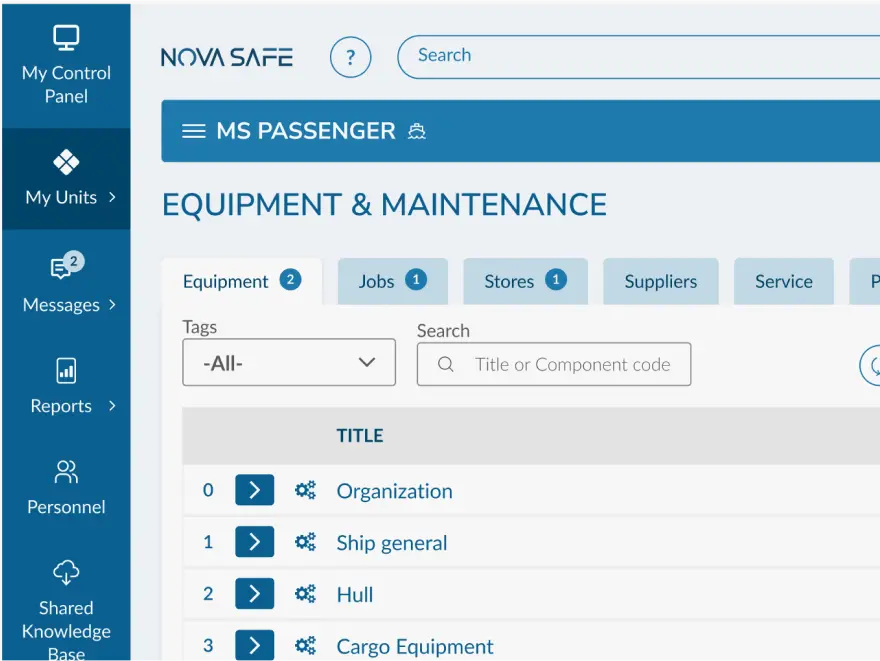 Vessel equipment and maintenance listing tabs
