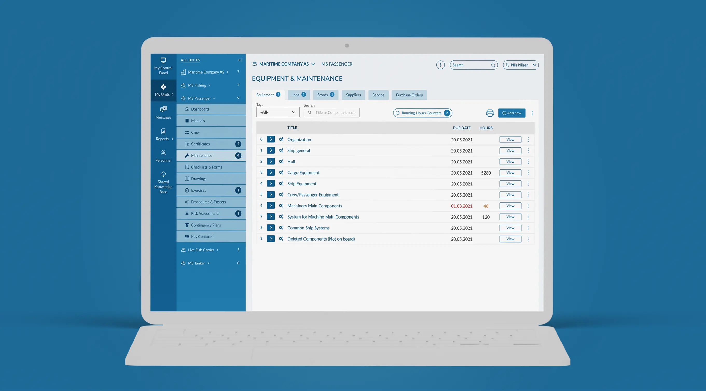 Laptop view with the Equipment and Maintenance page
