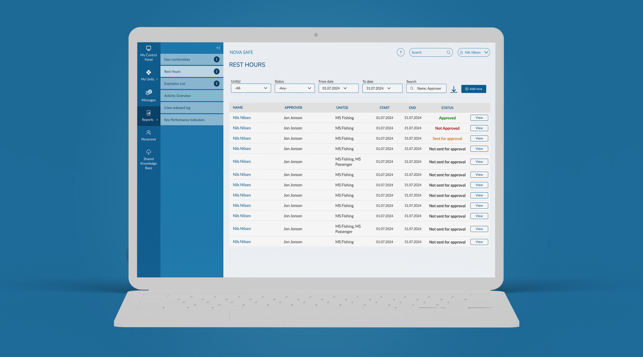 View of the screen that shows the rest hours being tracked