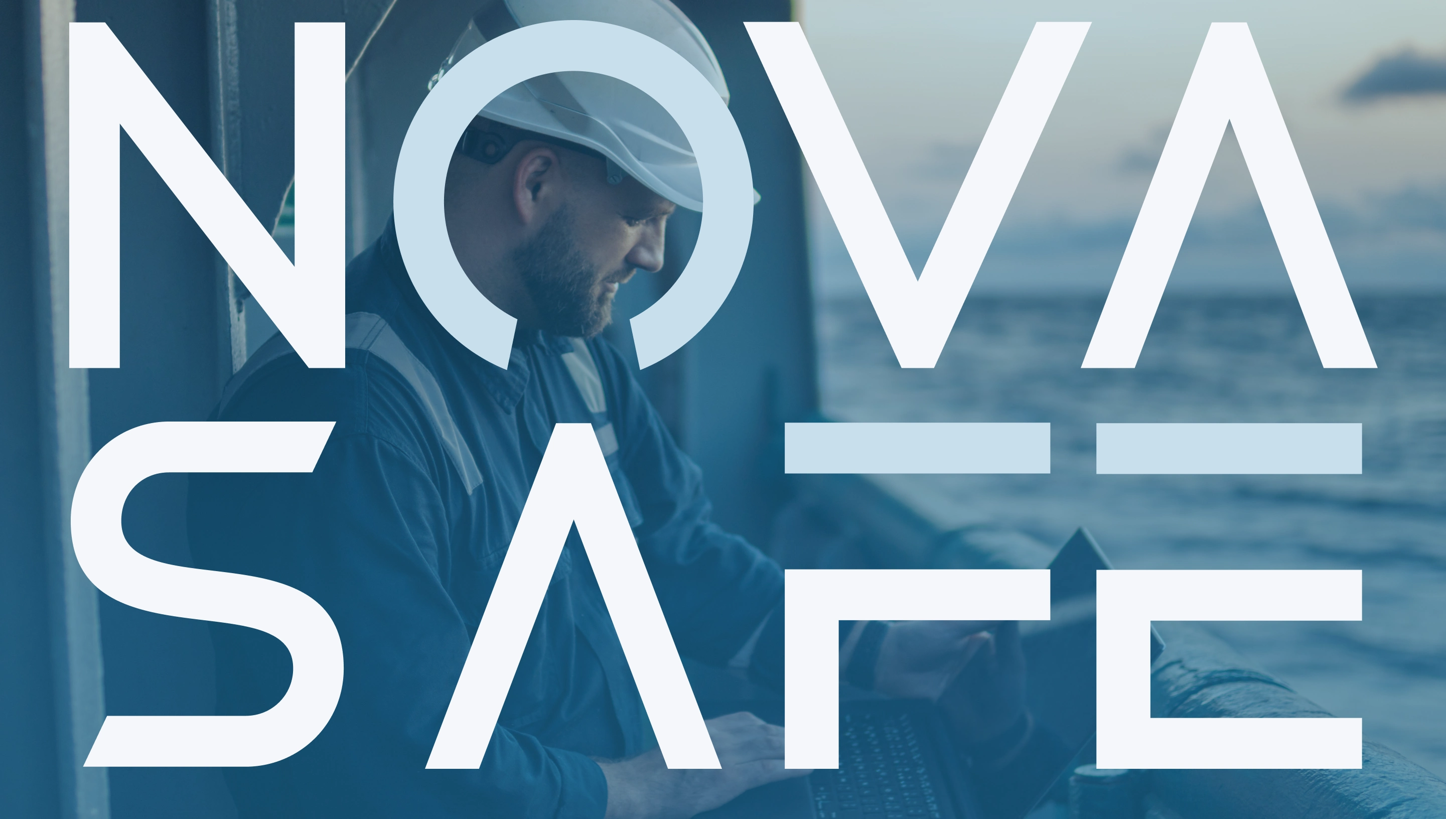 Nova Safe logo with background image of ship worker