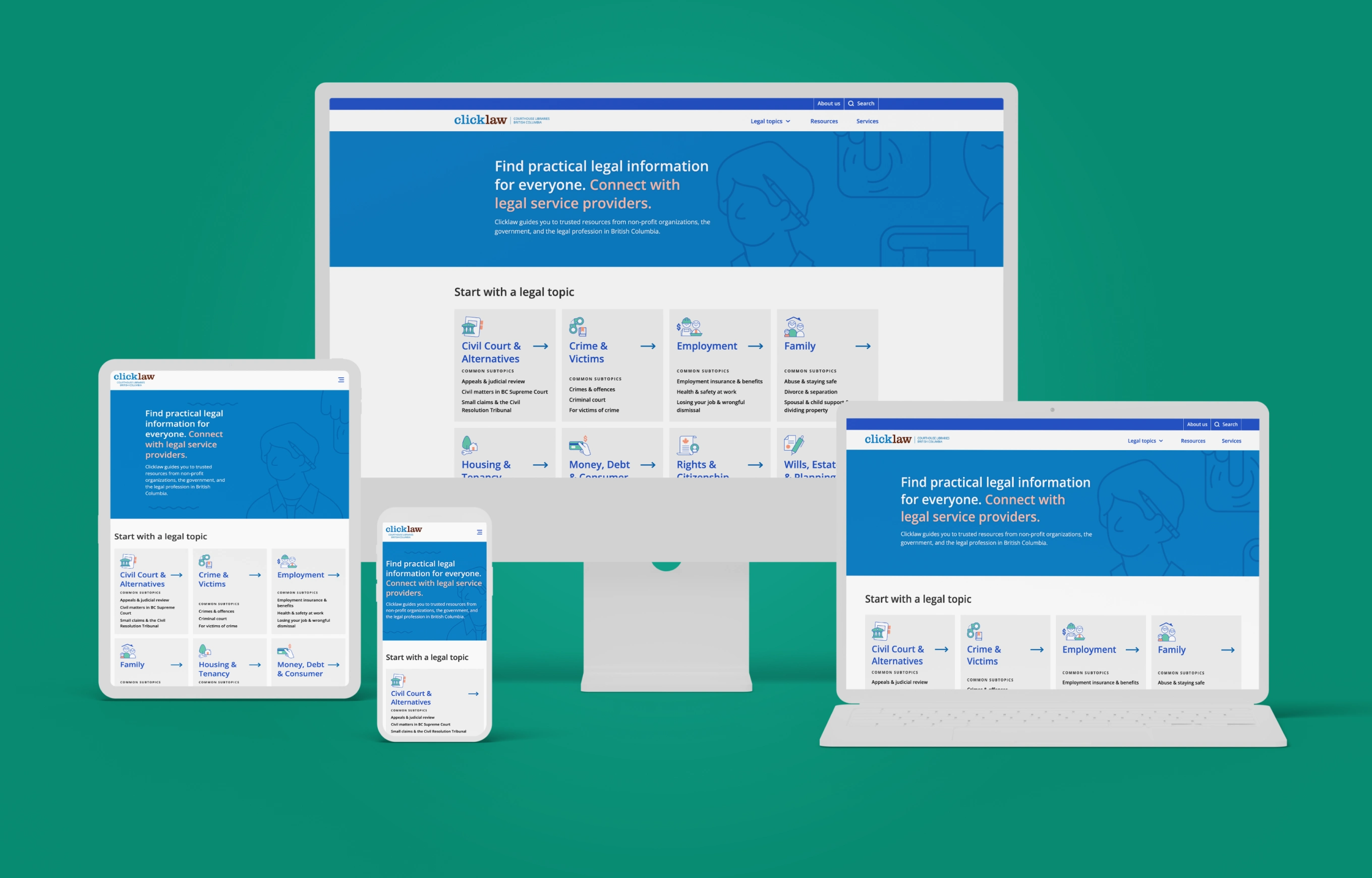 Clicklaw homepage displayed at tablet, mobile, monitor and laptop sizes.