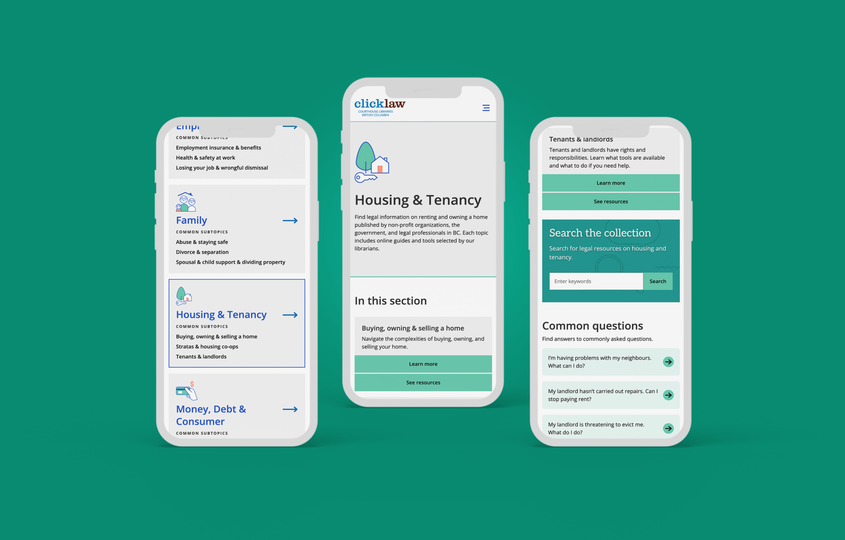 3 mobile views of different parts the Housing and Tenancy section of the FAQs