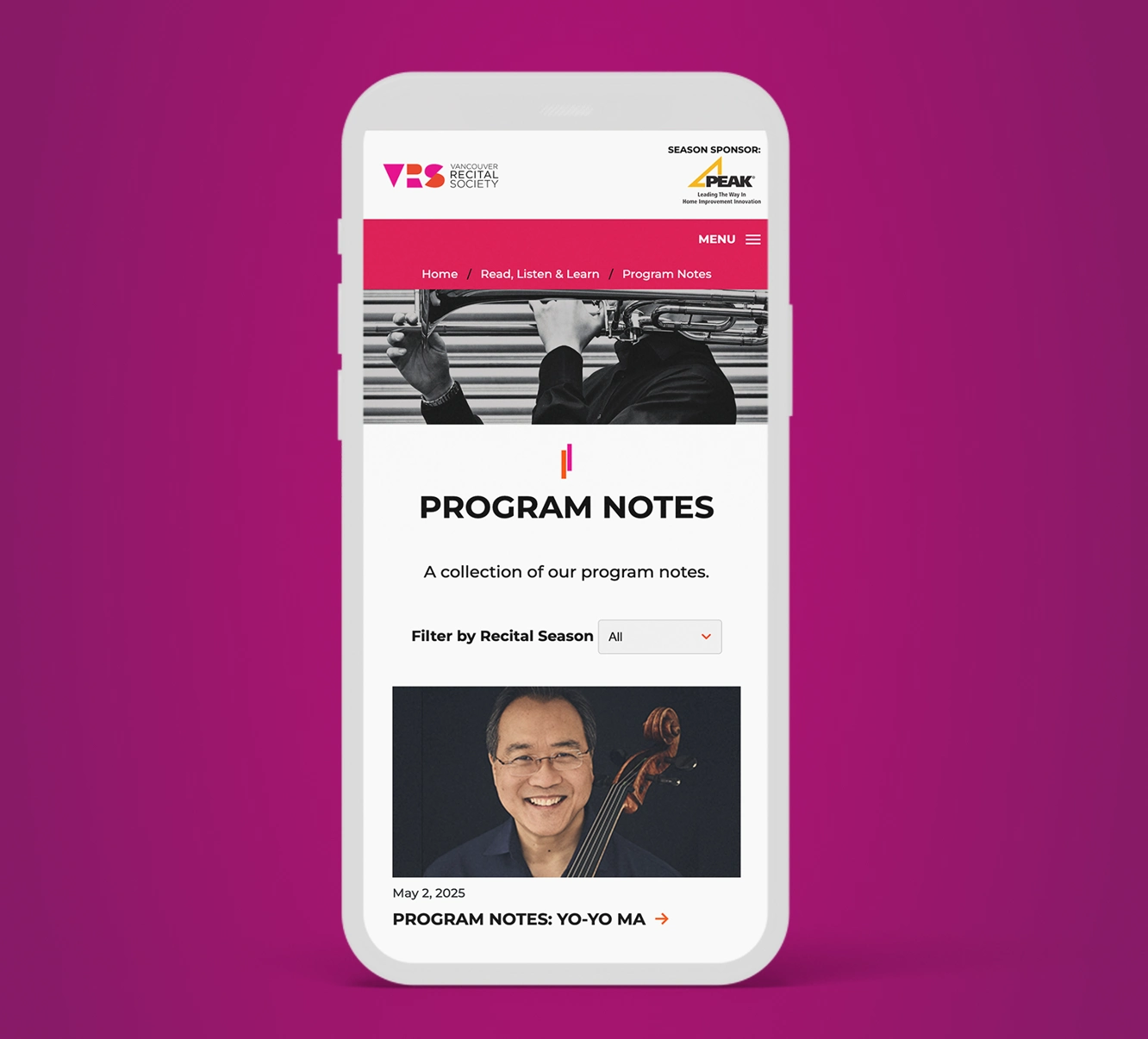 Screenshot of mobile homepage